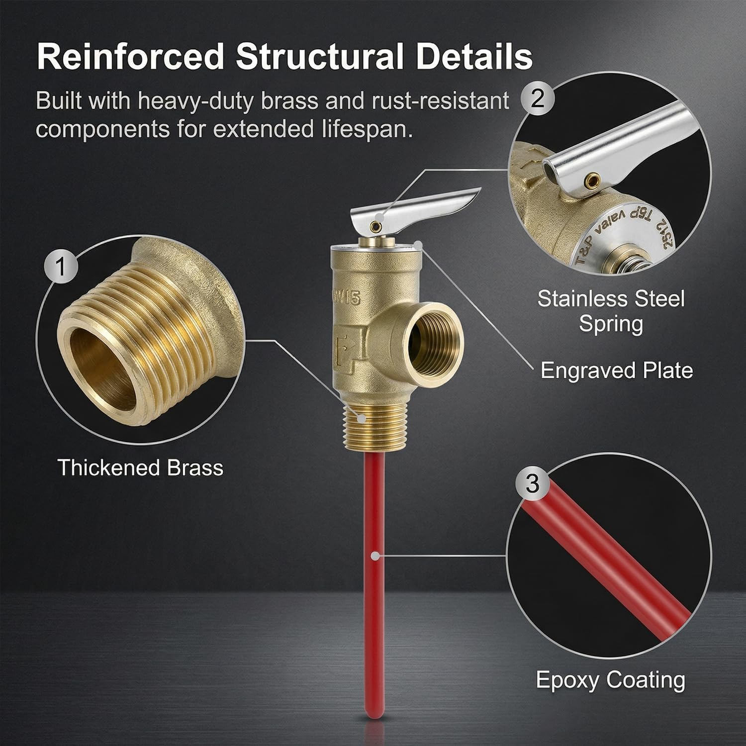 QWORK RV Water Heater Temperature and Pressure Relief Valve, 1/2" NPT, Brass T&P Safety Valve with Epoxy Coated Probe for Hot Water Tanks, 150 PSI 210°F