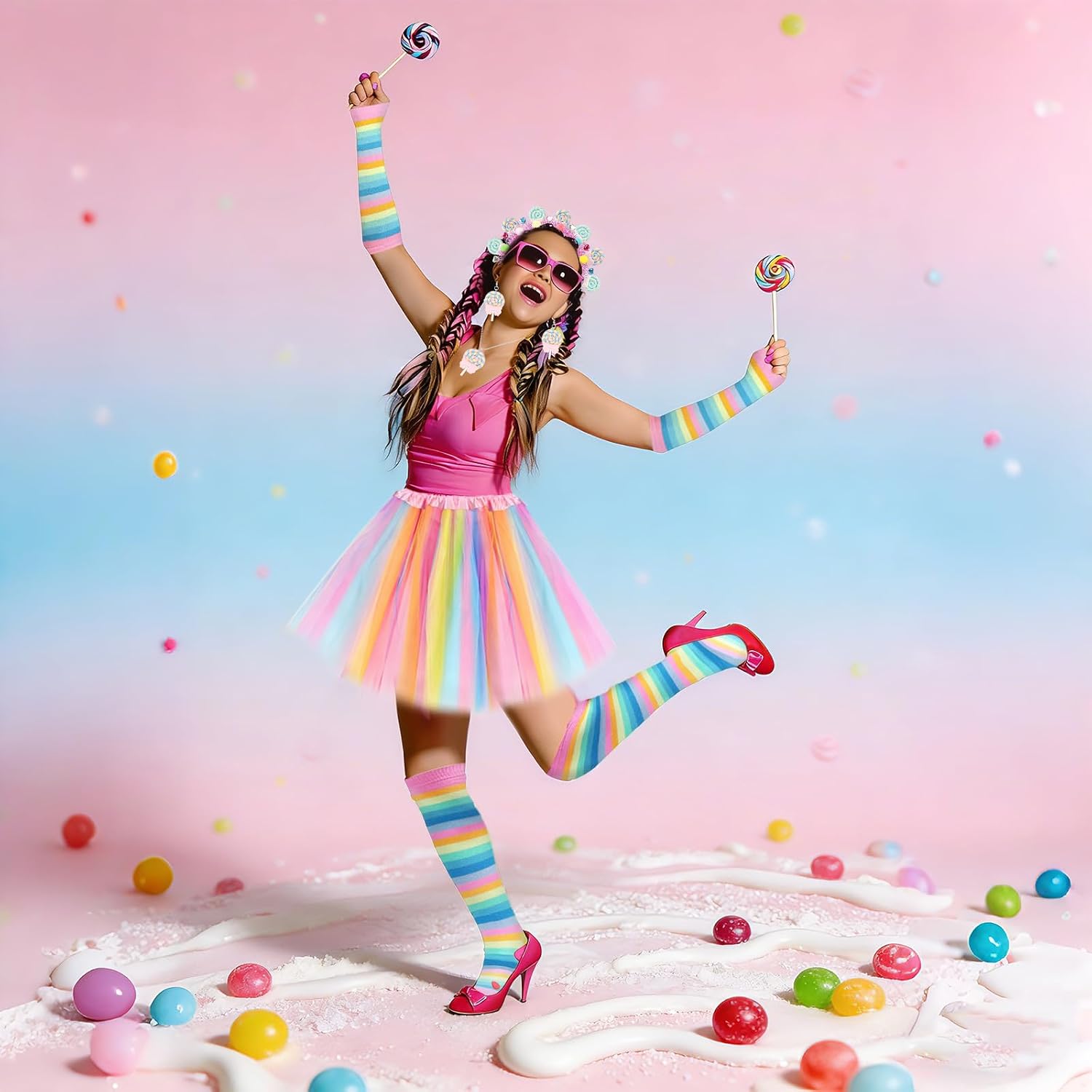 9 Pcs Galentine's Day Candyland Costume Accessories Candy Headband Sweet Rainbow Necklace Lollipop Earrings Pink Tutu Gloves Tights for Valentine's Day Photo Props Candy Theme Cosplay Accessories