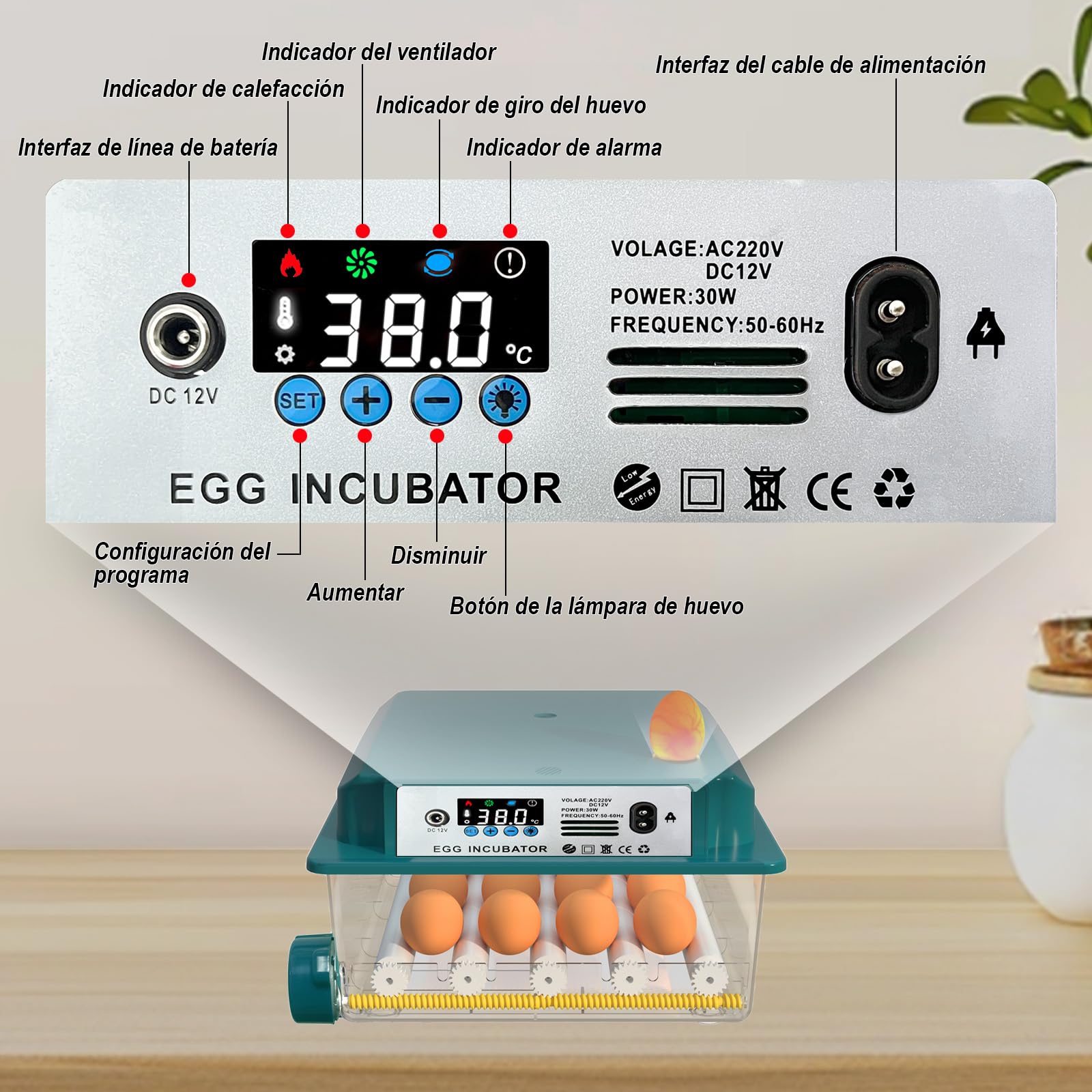 CoInceptus Incubadora Huevos Gallina, Incubadora de 12-16 Huevos con Volteo Automático de Huevos y Humidificación automática, Incubadora para Huevos de Gallina, Codorniz, Pato, con Lámpara de Huevo