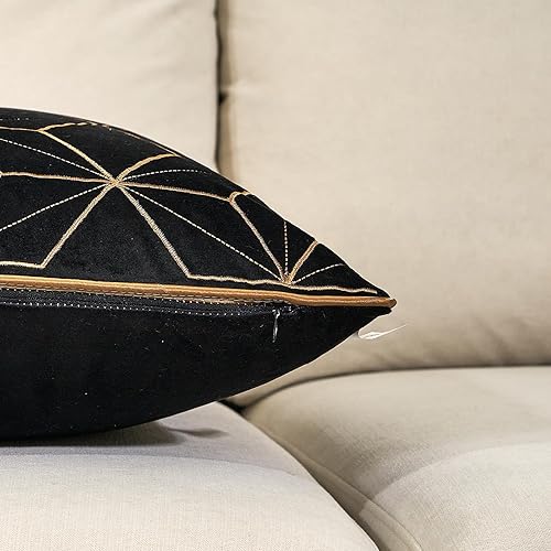 Miniatura 5 de Aeckself Funda de almohada de terciopelo bordado negro de 12 x 20 pulgadas, funda de almohada lumbar decorativa moderna geométrica a cuadros dorados