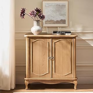 HULALA HOME Antique Accent Storage Cabinet with Adjustable Shelf, 2-Door Accent Sideboard with Curved Tabletop and Sculpted Cabinet Door(Oak)