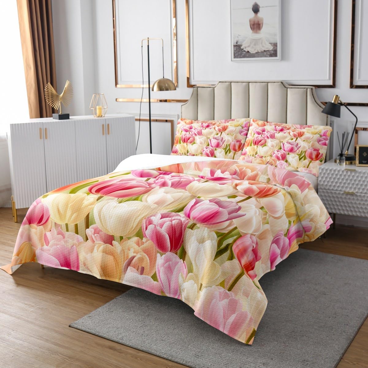 Erosebridal Pink White Tulip Quilt Set Romantic Dreamy Tulip Queen Bedspread Sets for Girls,Pastel Spring Flowers Coverlet Sets for Kids Teen Women,Watercolor Garden Floral Bedding Set