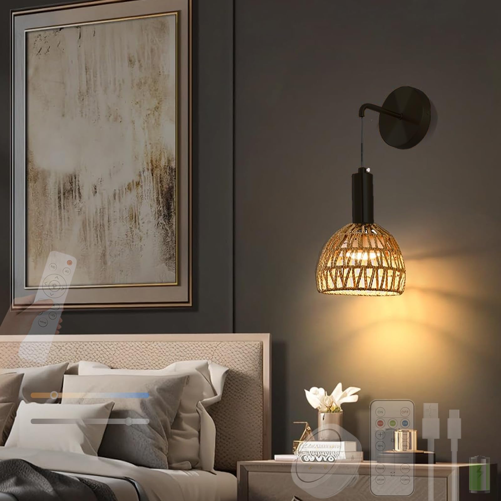 Apliques de pared para sala de estar con iluminación de ratán interior 8
