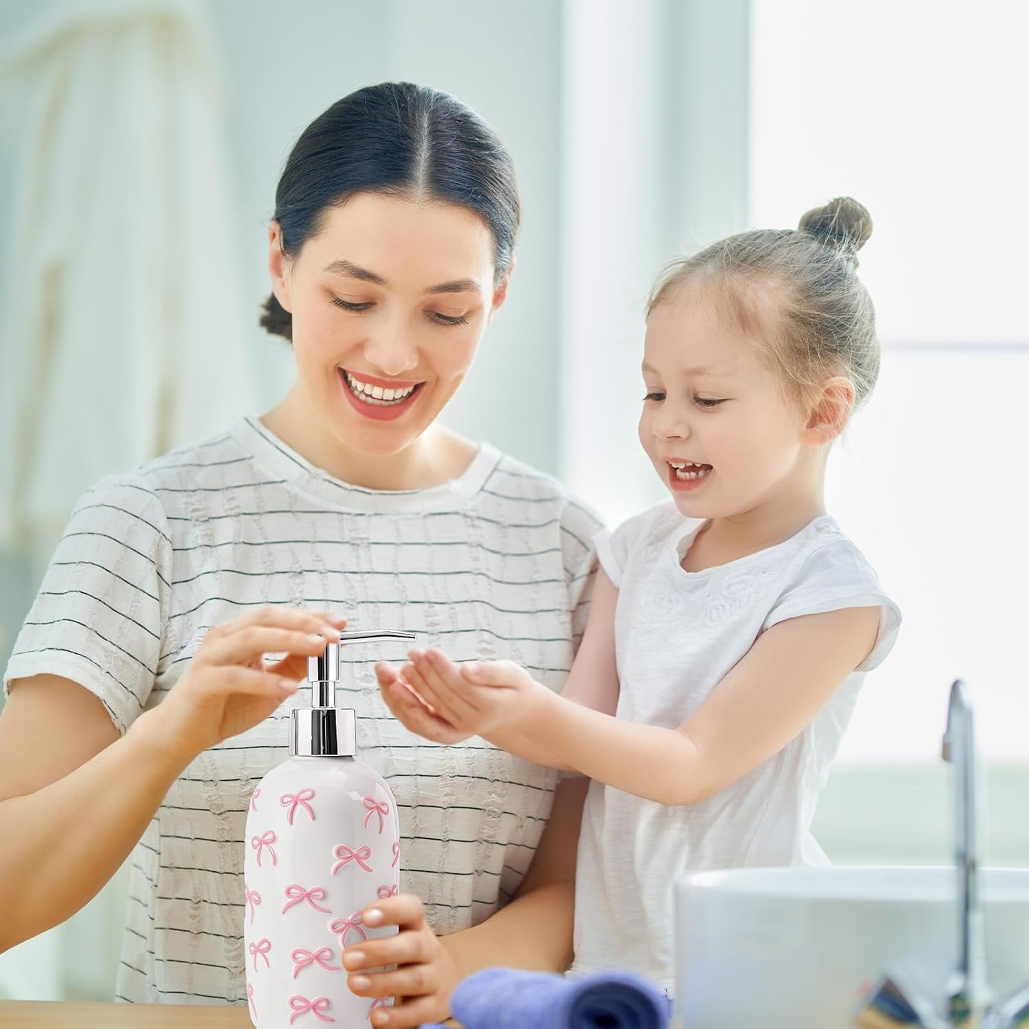 AnyDesign Pink Bow Ceramic Soap Dispenser, Bowknot Embossed