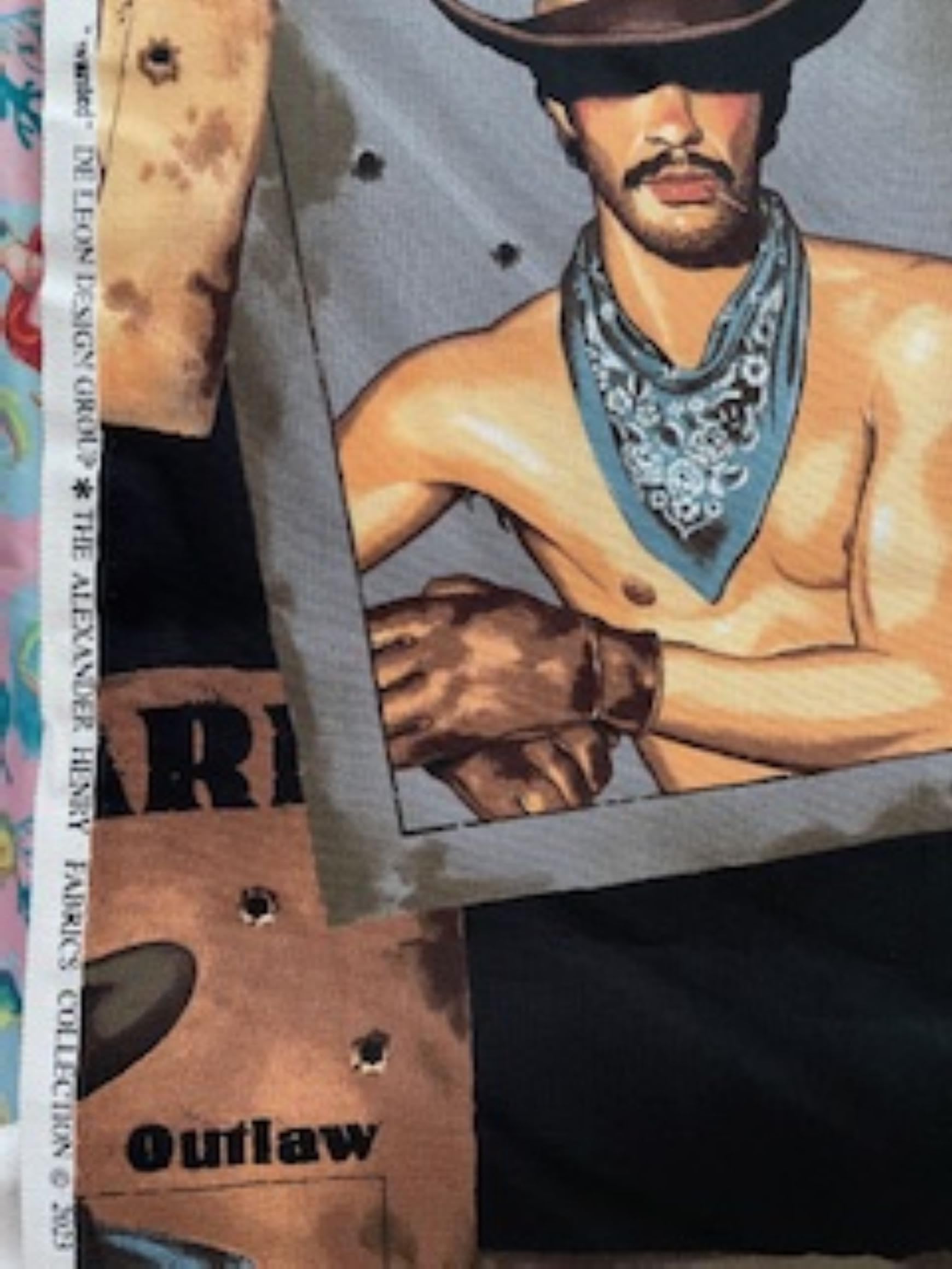 Alexander Henry Hot Men Boys Wanted Sexy Cowboy Western Natural Beige Cotton Designer Fabric by The Yard, Red, 9053B
