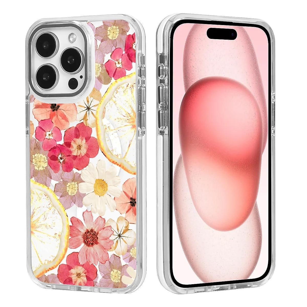 DAIZAG Magnetic Case for iPhone 15 Pro,Pressed Fruit Flower Red Design On Clear Base Compatible with MagSafe,Drop Protection Shockproof Case for