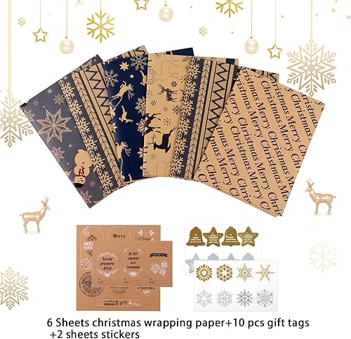 Miniatura 6 de Hojas de papel de regalo de Navidad, papel kraft reciclado azul marino y marrón con etiquetas adhesivas, 6 hojas de papel de regalo de Navidad para