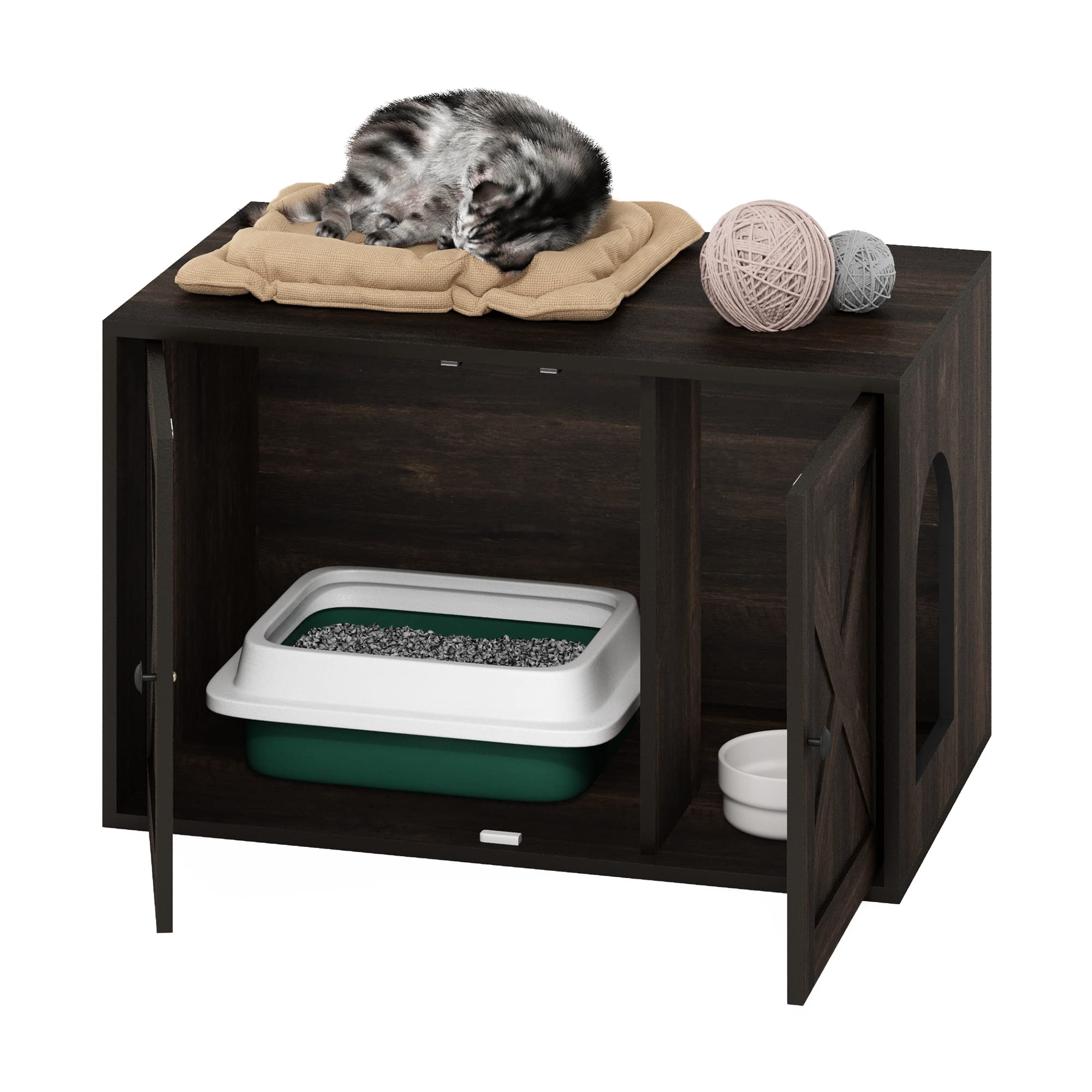 Furinno PELI Verstecktes Katzenstreu mit Seiteneingang, Holzhaus mit Lamellentür, Einfache Montage für Wohnzimmer, Ebenholz