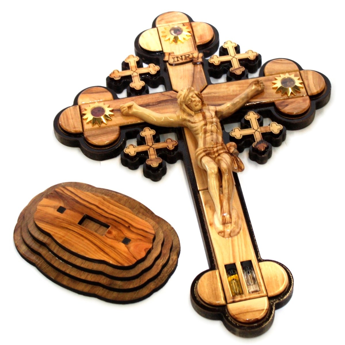 Cruz de madera de olivo tallada en capas mediante láser con tierra santa muestras – de pie o para colgar (14 pulgadas o 35 cm) gran/certificado