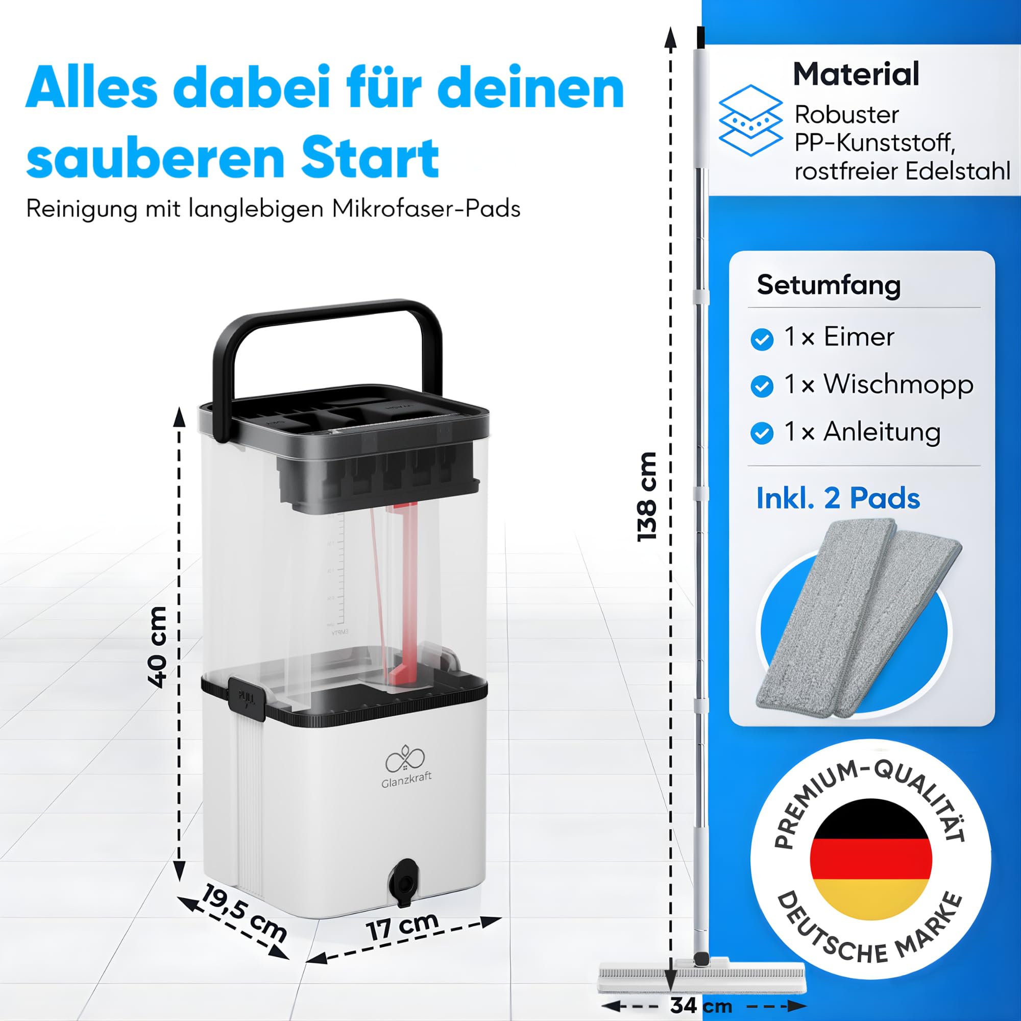 Wischmopp Set mit Eimer – Bodenwischer / Nasswischer mit 2-Kammer-System – Wischmopp & Mop Set mit Pumpfunktion – hygienischer Wischeimer – 2,5L – Putzset