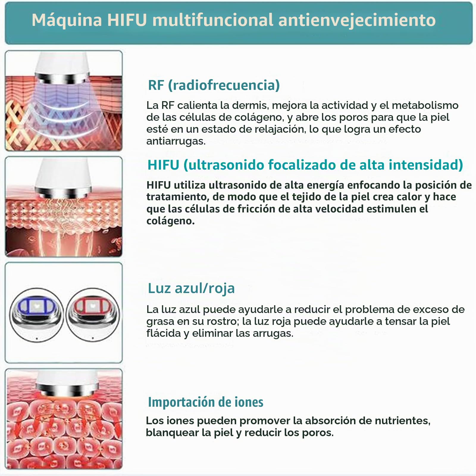Facial Aparato Radiofrecuencia, Mini HIFU Masajeador de Radiofrecuencia de RF, Ultrasonido Enfocado de Alta Intensidad, Masajeador de Belleza por Ultrasonidos Levante Firme