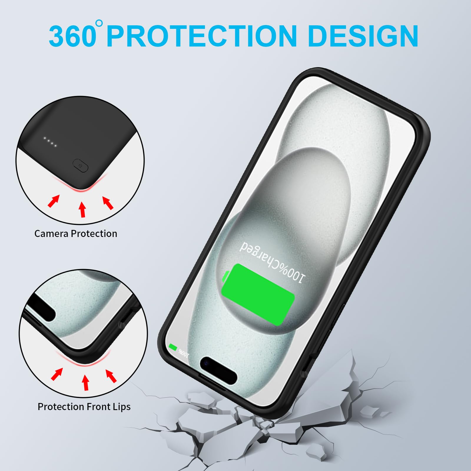 Custodia con batteria per iPhone 15, 7000 mAh, ultra sottile, portatile, custodia di ricarica intelligente, compatibile con iPhone 15 (6,1"), caricabatterie esteso, nero