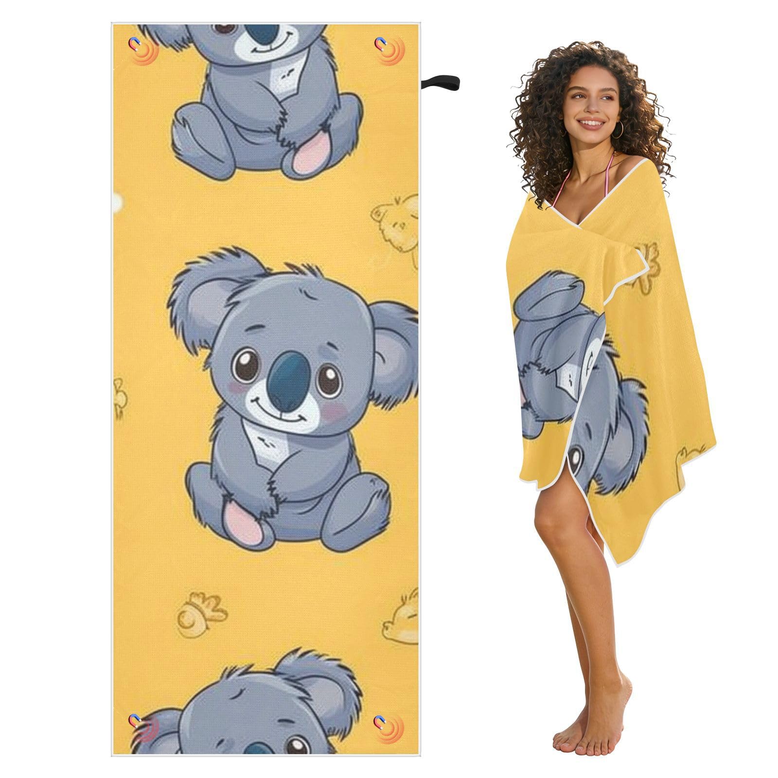 Grandes serviettes de plage avec sacs en maille pour adultes, motif koala mignon à pois blancs jaunes avec fermeture magnétique, serviette absorbante à séchage rapide pour piscine, camping et