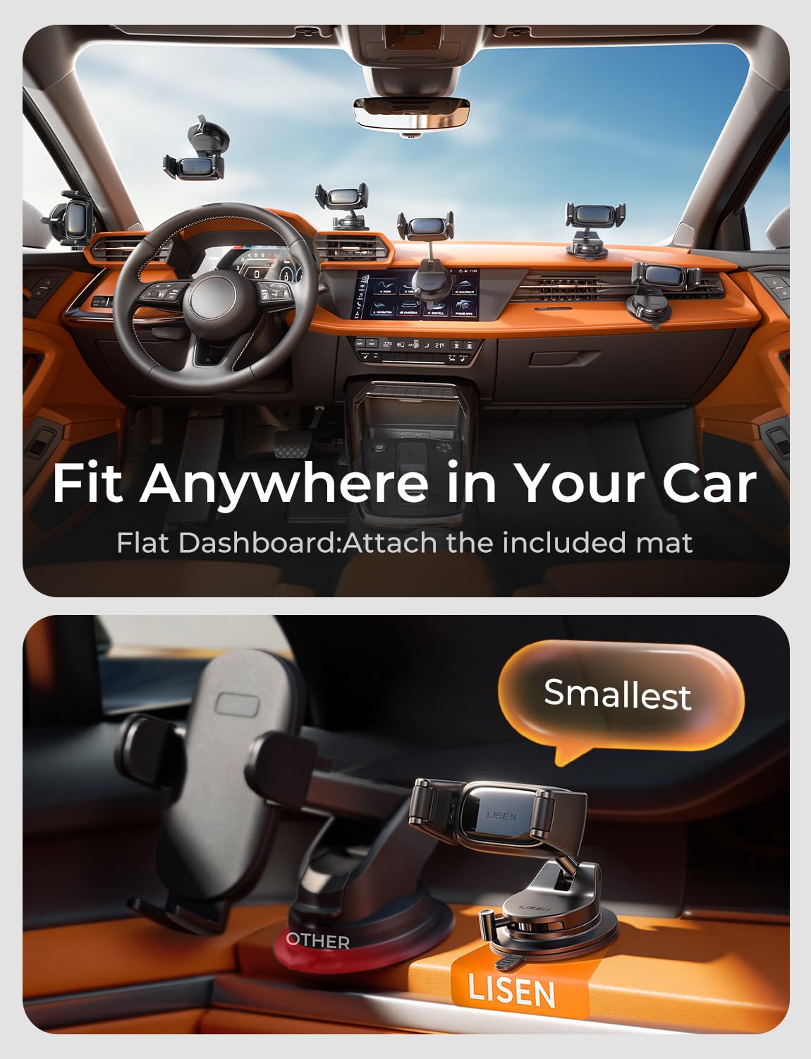 LISEN in Car Phone Holder [2026 Industry-First] Suction Phone Holder for Cars Dashboard/Windscreen Mobile Car Phone Mount for iPhone 17 16 Pro Max Samsung S26 All Gadgets Car Accessories for Men Women — view 3