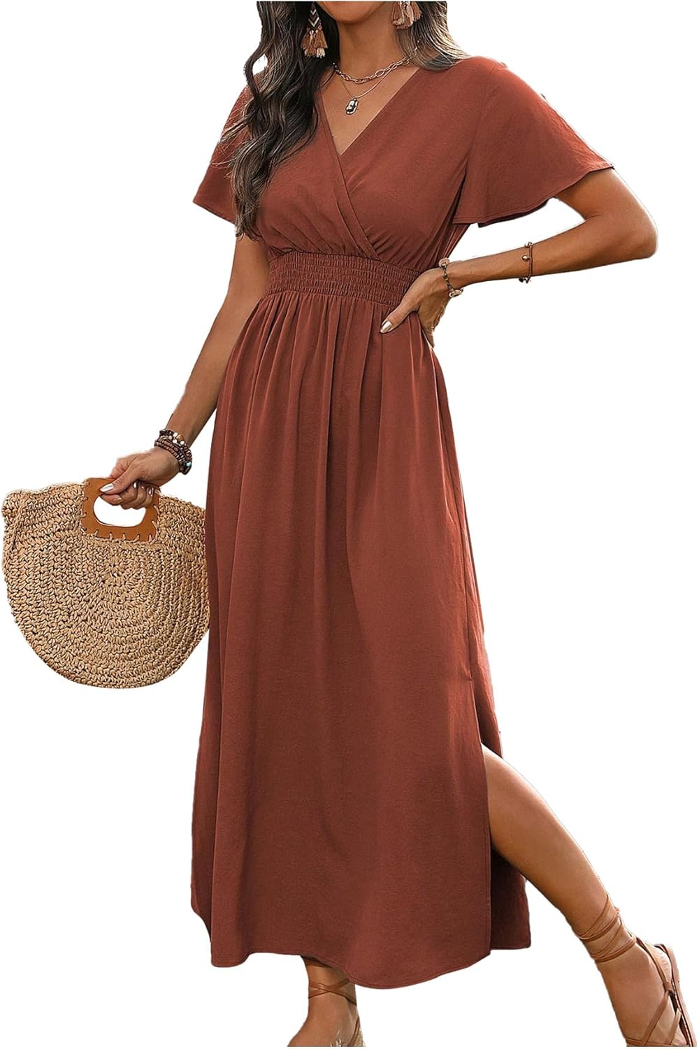 Women's Summer Wrap V Neck Dress Elegant Casual Short Sleeve A Line Slit Long Flowy Vacation Dresses