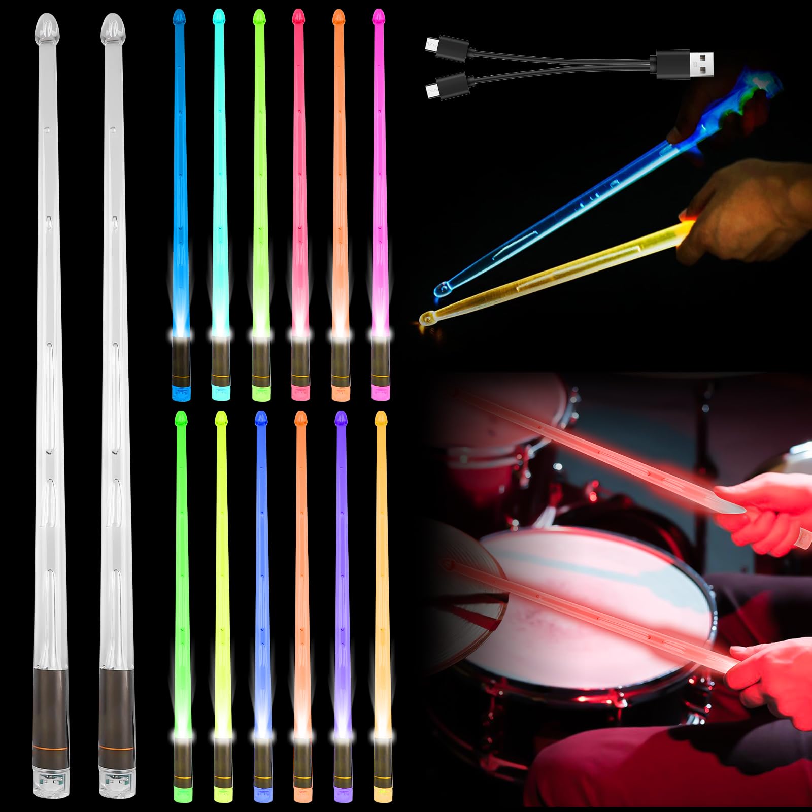 Bacchette Batteria Luminose Led Ricaricabili, 13 Colori Bacchette Per Batteria, Bacchette Per Batteria Cambiacolore Per Festa Eventi Notturni