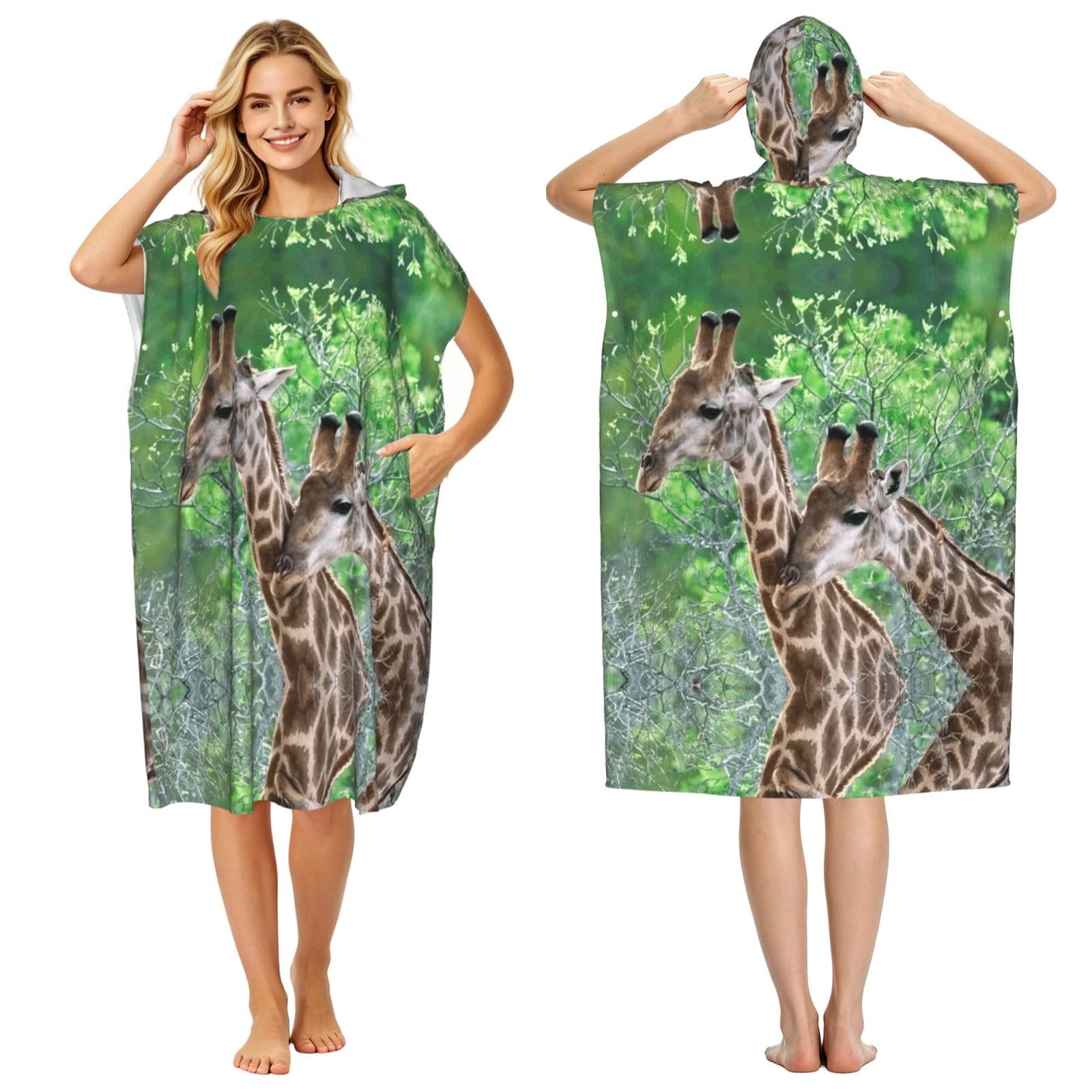 EZDLOWVBA Two Giraffes Print Hooded Poncho Microfiber Beach Towel,Adult Women & Men Changing Robe,Lightweight Summer Surf Swim Bath Poncho Towel