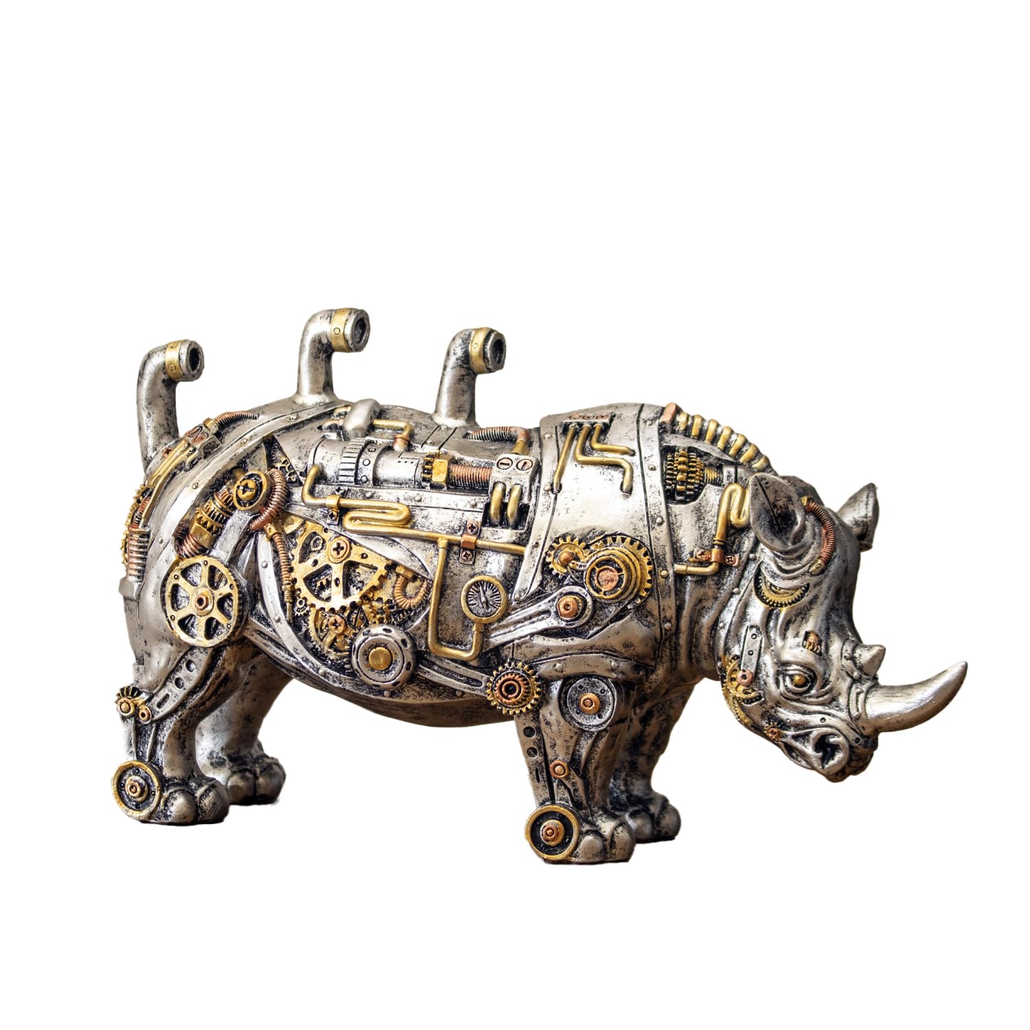 Darthome Steampunk Rhino Ornament Industrial Silver Gold Rhinoceros Resin Gothic Sculpture 32cm