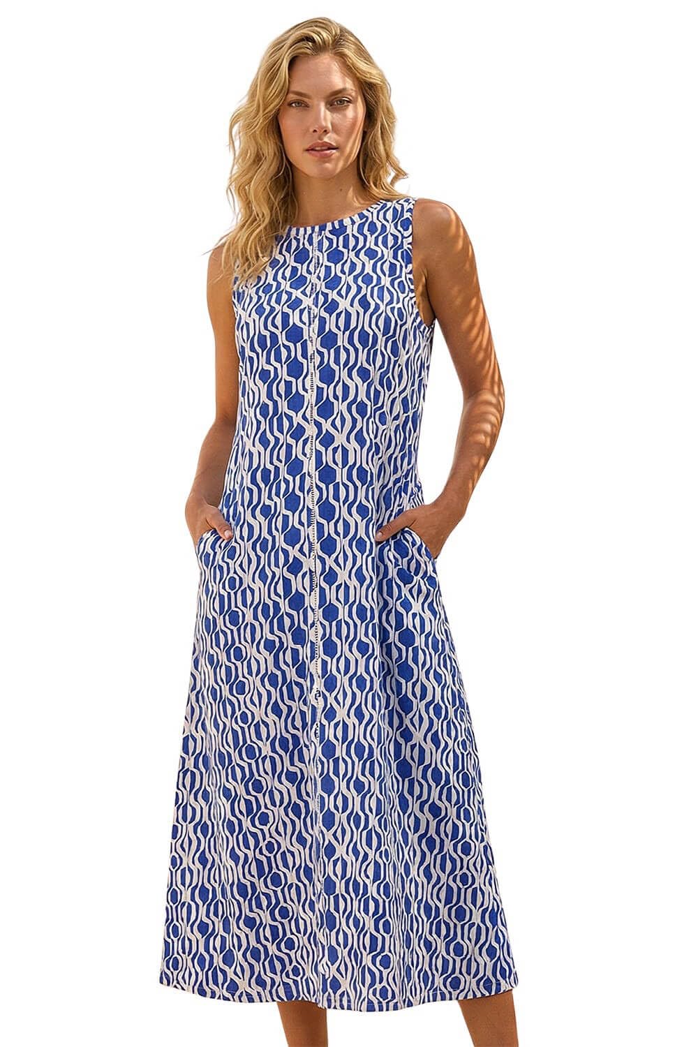 Roman Women's Royal Blue Geo Print Pocket Midi Dress Size 14