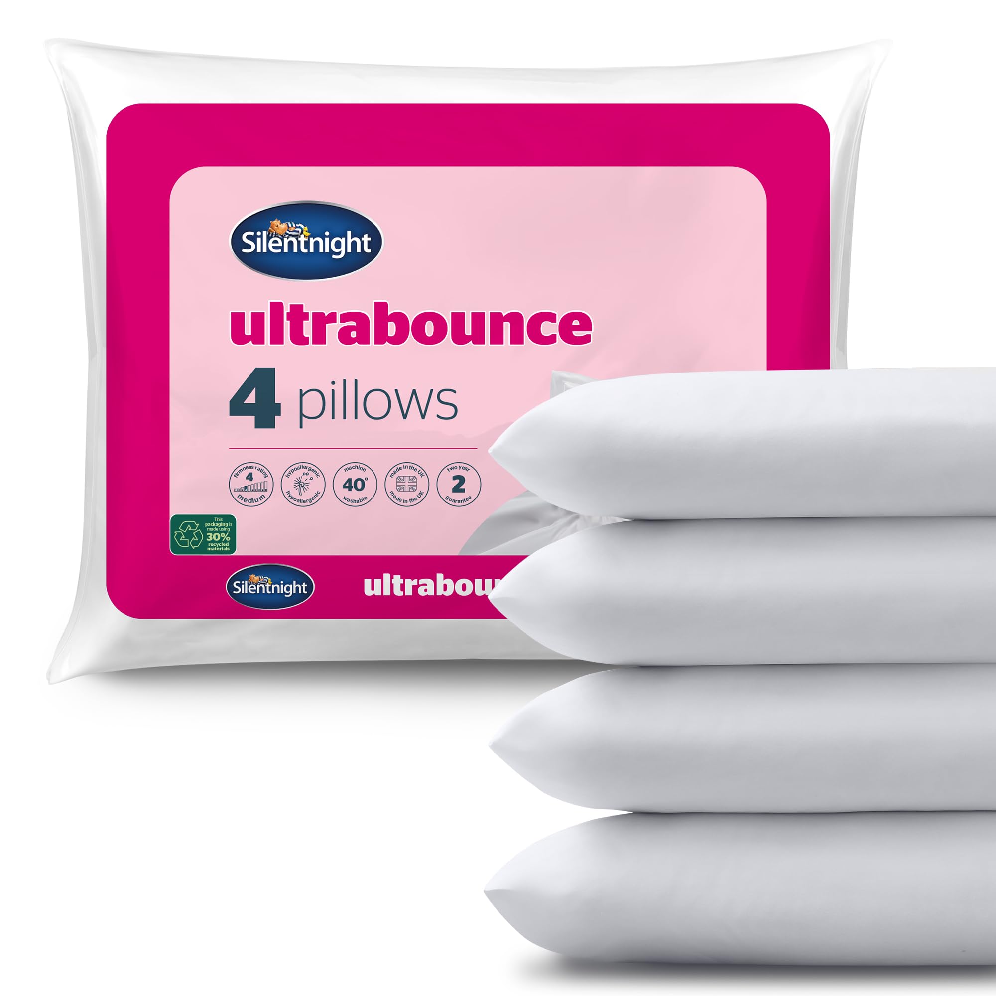 Silentnight Ultrabounce Firm Pillows 4 Pack – Firm Support Pillows with Fibre Core Ideal for Side Sleepers and Neck and Shoulder Pain Relief – Hypoallergenic – Pack of 4