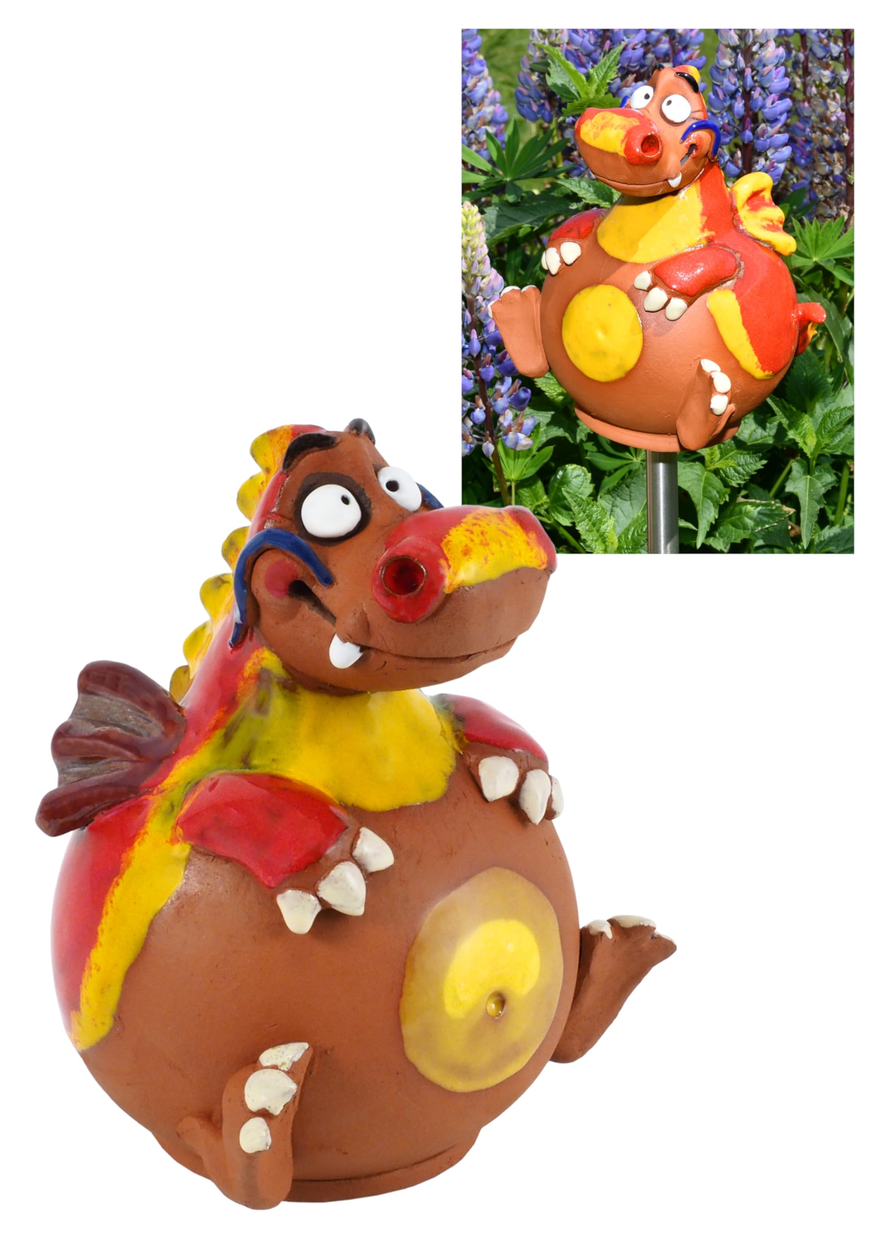 Gartenstecker Keramik Handgefertigt - Gartendeko für Draußen Wetterfest - Garten Deko Keramik - Gartenfiguren & Gartenstatuen - Red Dragon