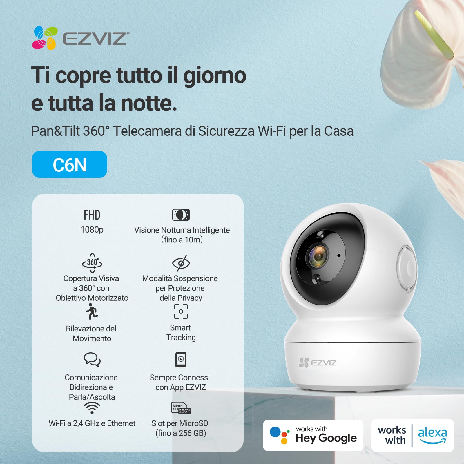 EZVIZ C6N Telecamera Wi-Fi Interno 1080p Videocamera Sorveglianza Interno Pan/Tilt/Zoom Compatibile con Alexa, Rotazione a 360°, Visione Notturna, Tracciamento del Movimento e Audio Kit 2