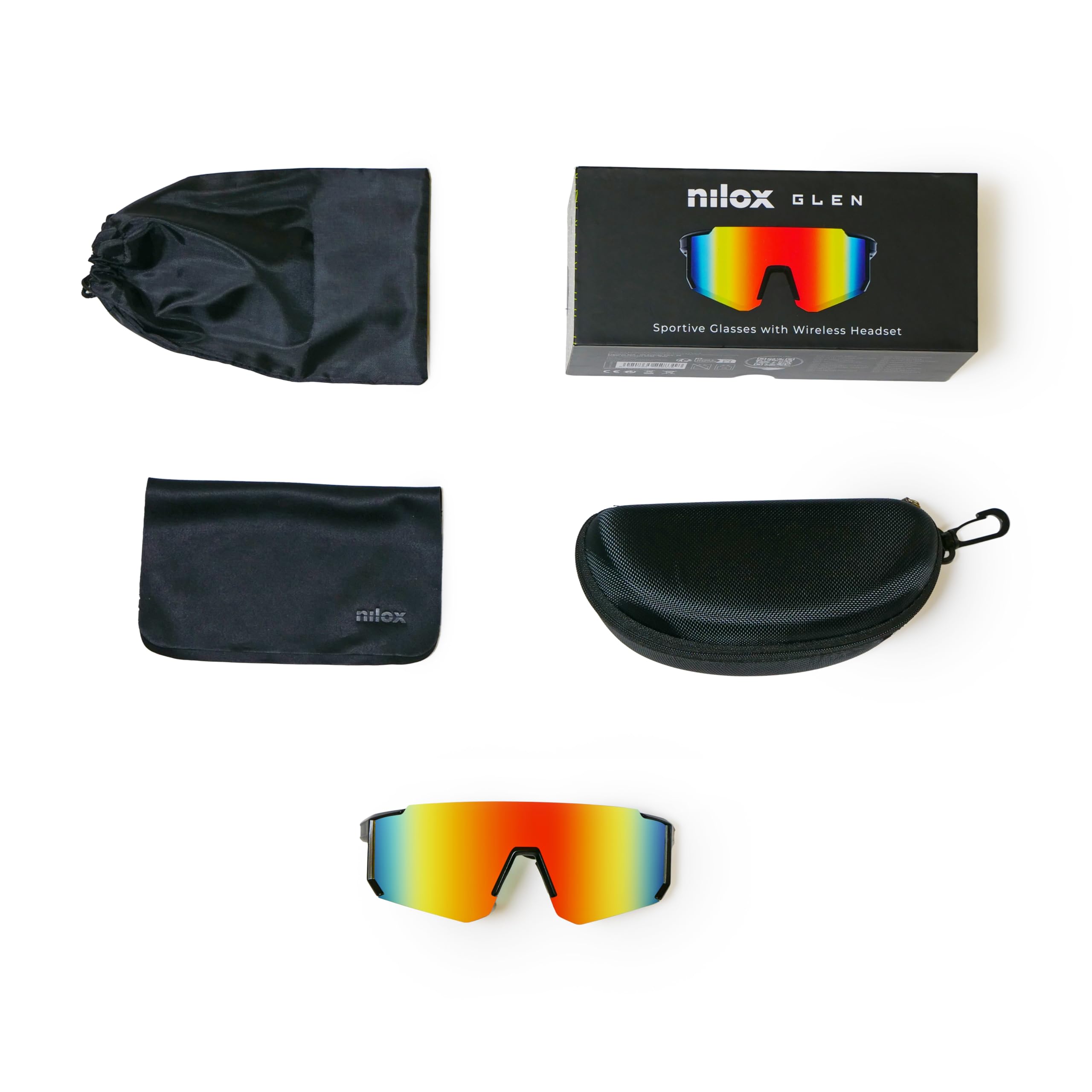 Gafas Deportivas Inteligentes Nilox Glen con Audio Open-Ear, Altavoces Integrados, Control por Voz Siri y Google, Lentes con Filtro de luz Azul, diseño ergonómico y Resistente IPX5