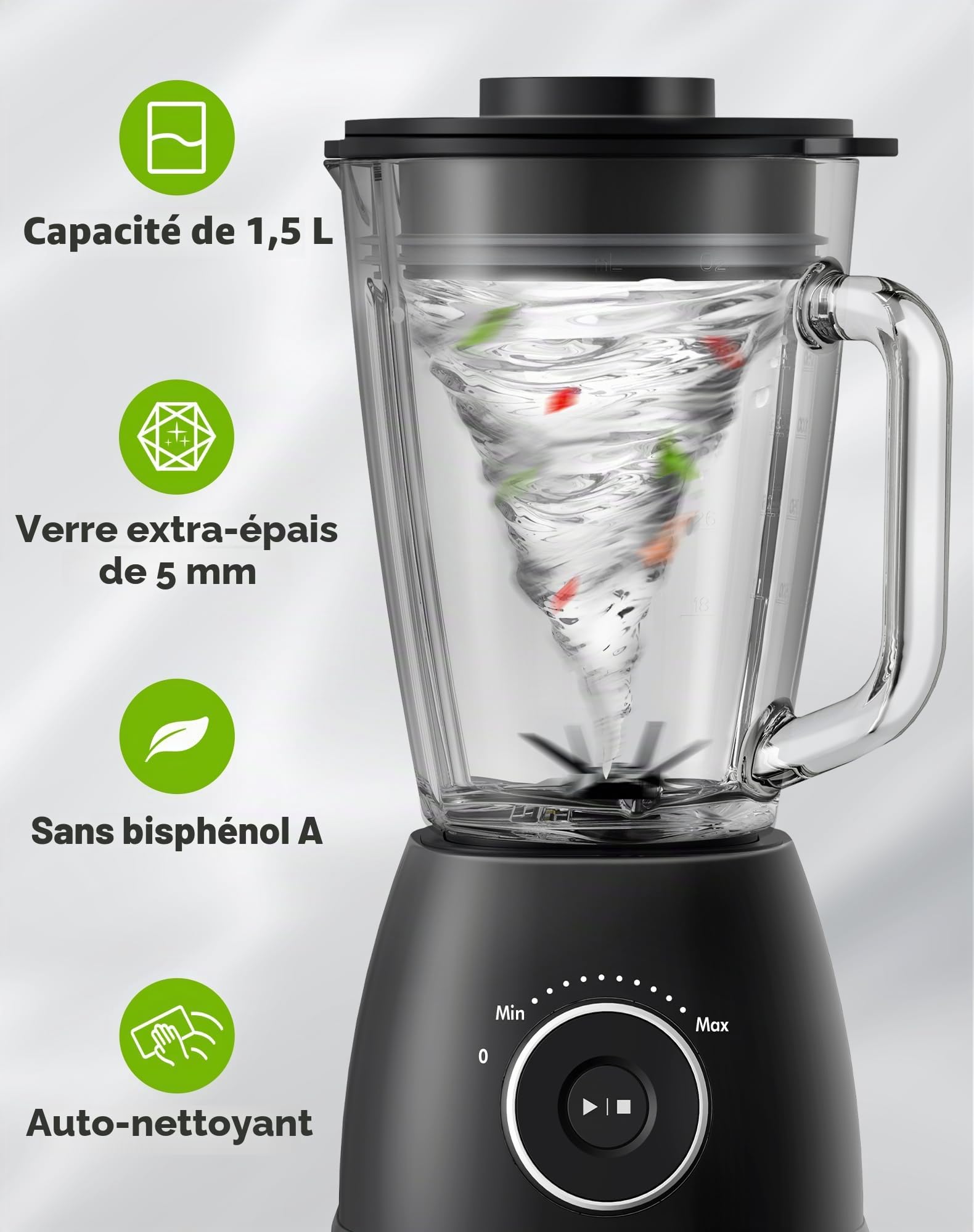 Blender Mixeur, 1500W Blender Smoothie 24000 tours/min, 12 Vitesse ajustable, 6 Lames en acier Inox avec Bol en verre 1,5L /bouteille de sport de 600 ml sans BPA Utilisation & Nettoyage facile