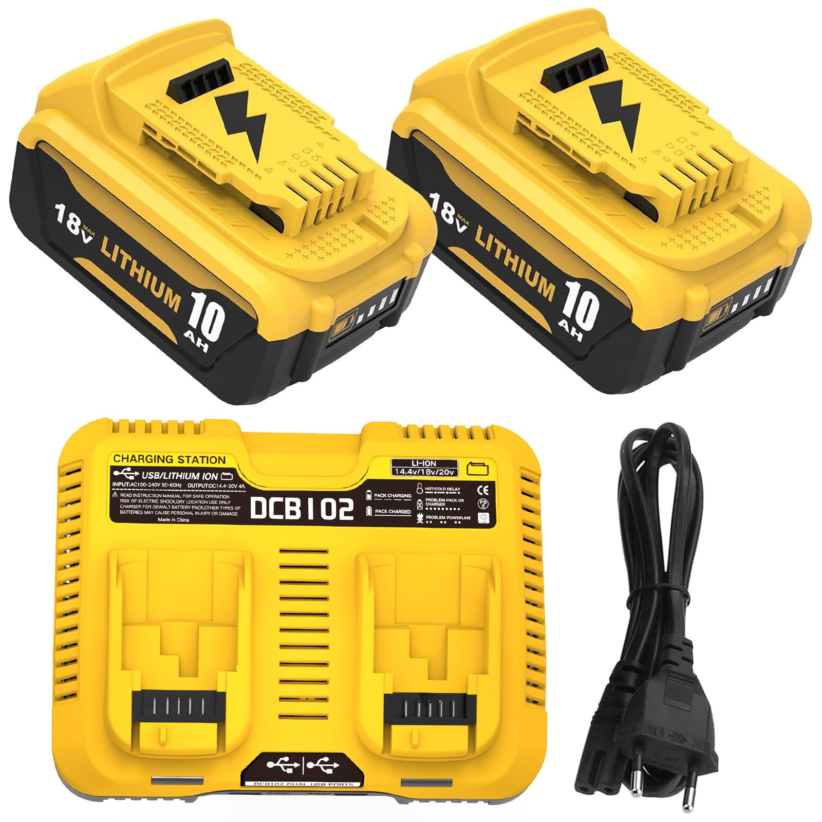2X Batteries 18V 10.0Ah pour Dewalt DCB182 + Chargeur Double 4A DCB102