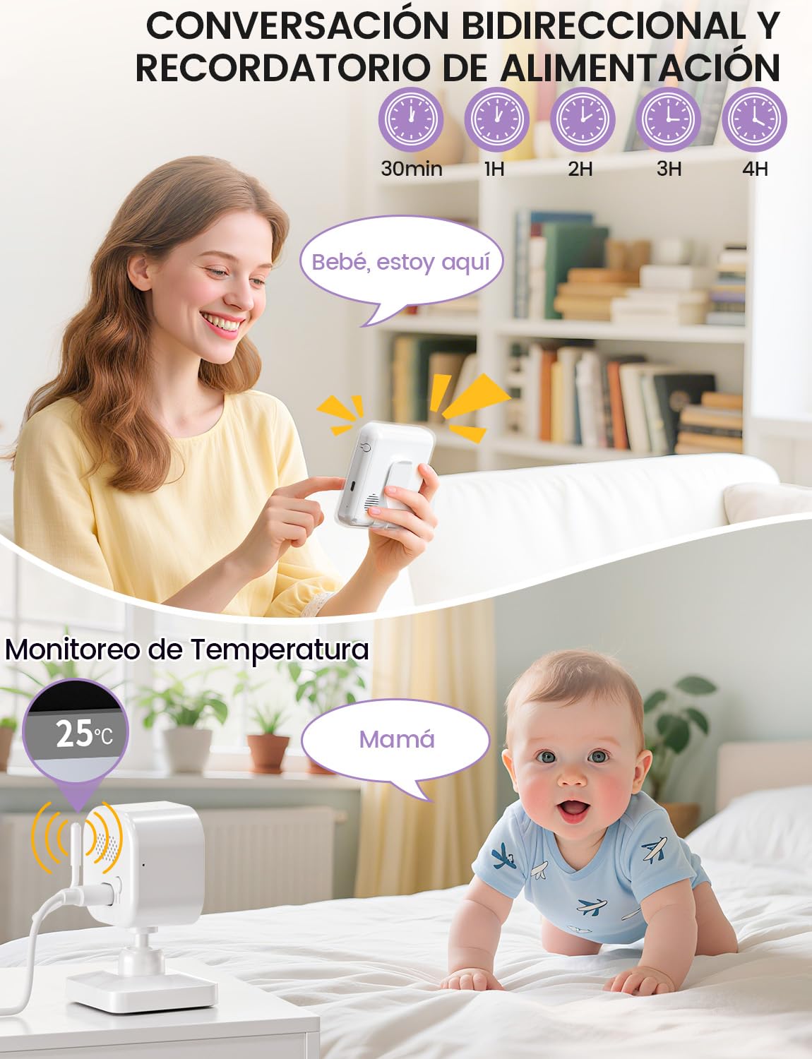 Vigilabebes con Cámara, Camara Vigilancia Bebe Inteligente con Pantalla HD 720P de 2.8'', 2000 mAh Batería, Zoom 2X 4X, VOX, Visión Nocturna, Monitoreo de Temperatura, Comunicación Bidireccional