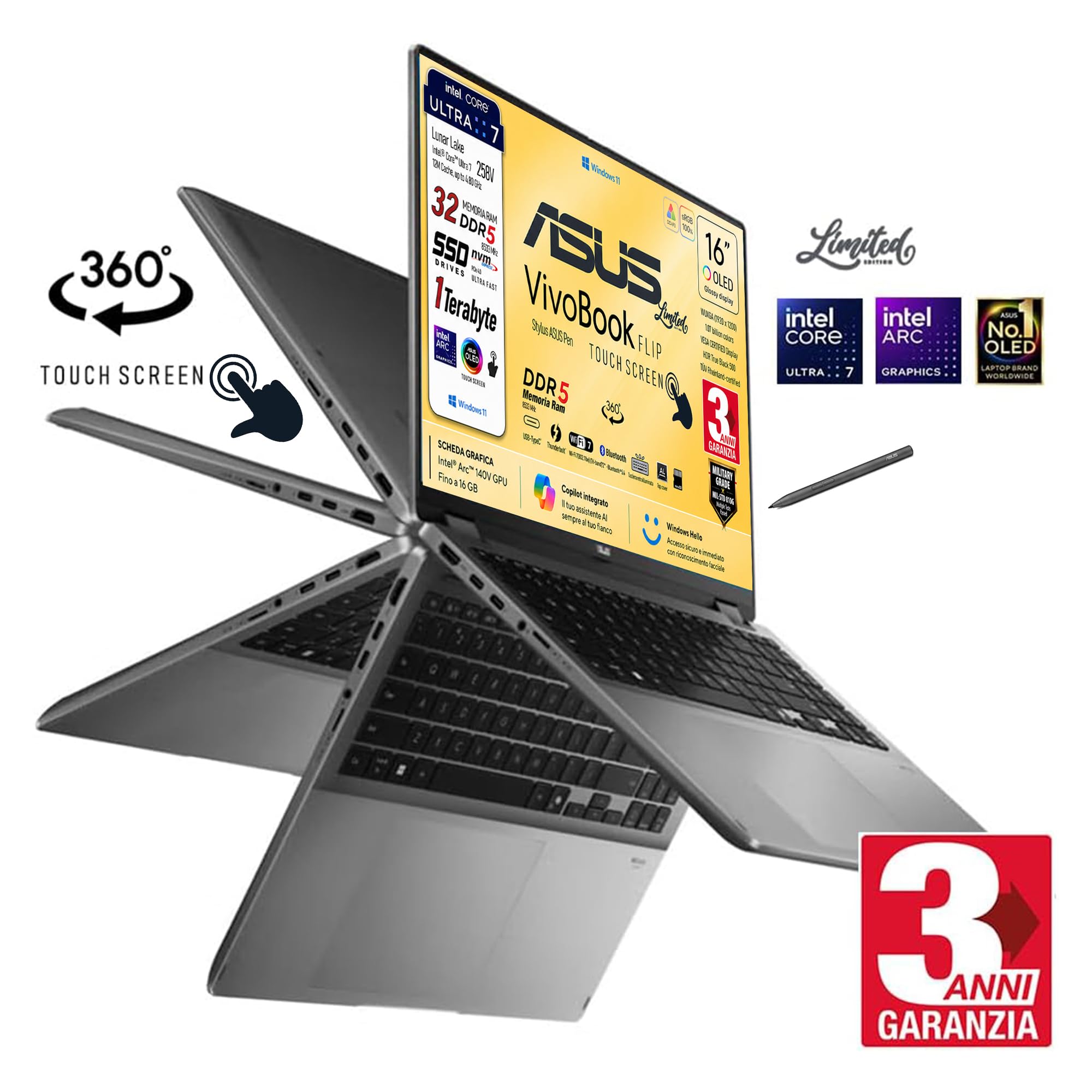 ASUS Vivobook 16 FLIP, Intel® Core™ Ultra 7 258V, Intel Arc Pro, Display OLED Touchscreen 16" WUXGA FHD+, DDR5 32Gb, SSD 1Tb, Win 11, Wi-Fi 7, bt 5.4, tastiera retroilluminata, Pen, Gar 3 Anni