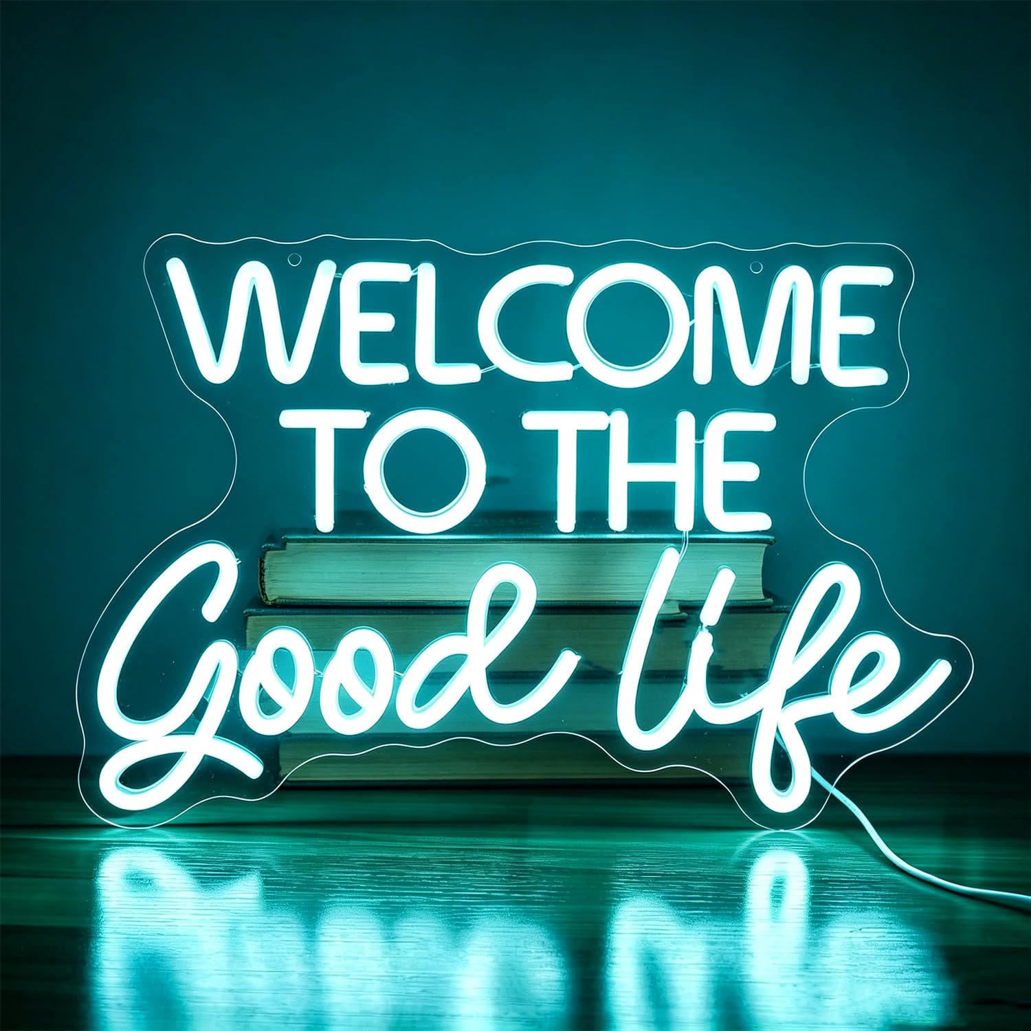 Welcome To The Good Life Neon Sign Ice Blue LED Letter Neon Sign Light Up for Wall Decor, Dimmable USB Powered Neon Light for Room Decoration Home Game Room Bar Cafe Party Decor 16.53”x10.82”
