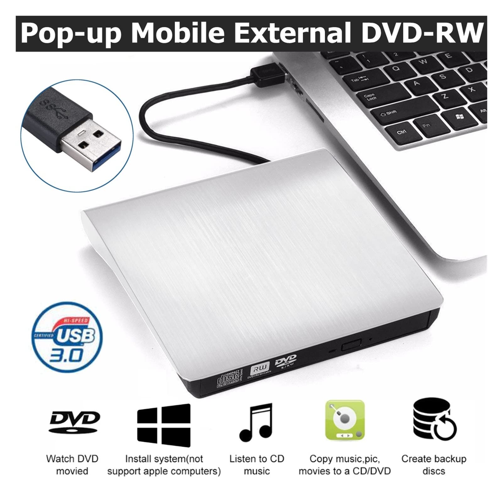 Externe DVD Conduire USB 3.0 Portable CD DVD RW BUILLER OPTICLE du Joueur D'OPTICLE DE LIGNEUR DE LIGNEUR du Partage(White lampshade)