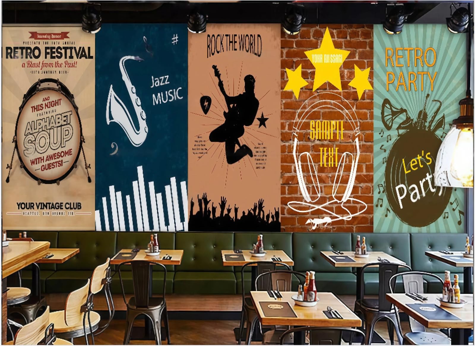 XDOUBAO Wallpaper Nostalgic Brick Wall Graffiti Music Rock Bar Theme Drink Shop Afternoon Tea Western Restaurant Background Wall Wallpaper Coffee Shop Mural,3D,300x210cm