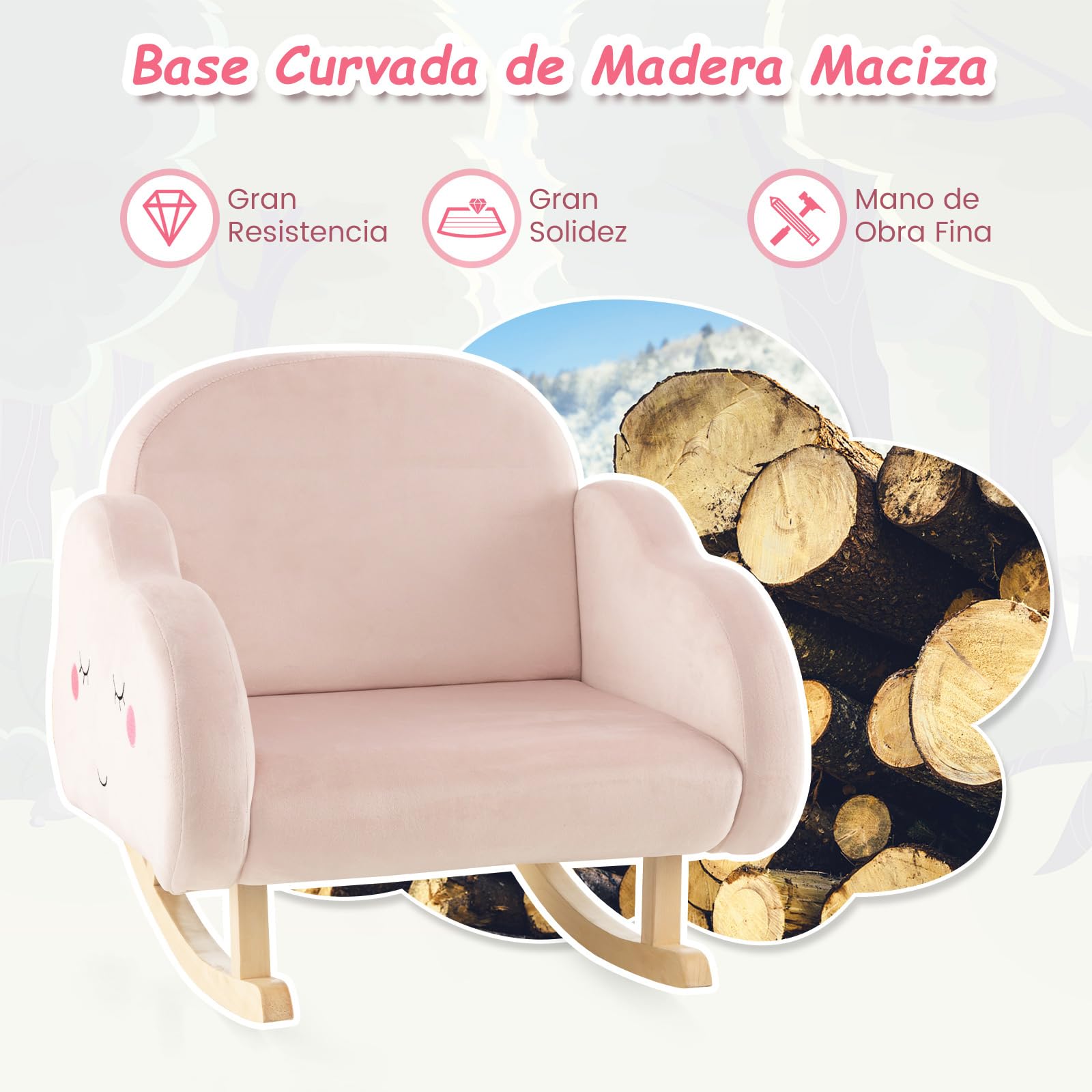 COSTWAY Silla Mecedora para Niños, Sillón Infantil Tapizado con Patas de Madera Maciza y Almohadillas Antideslizantes, Mecedora para Niños en Guardería, Sala de Juegos, Dormitorio (Rosa Ligero)