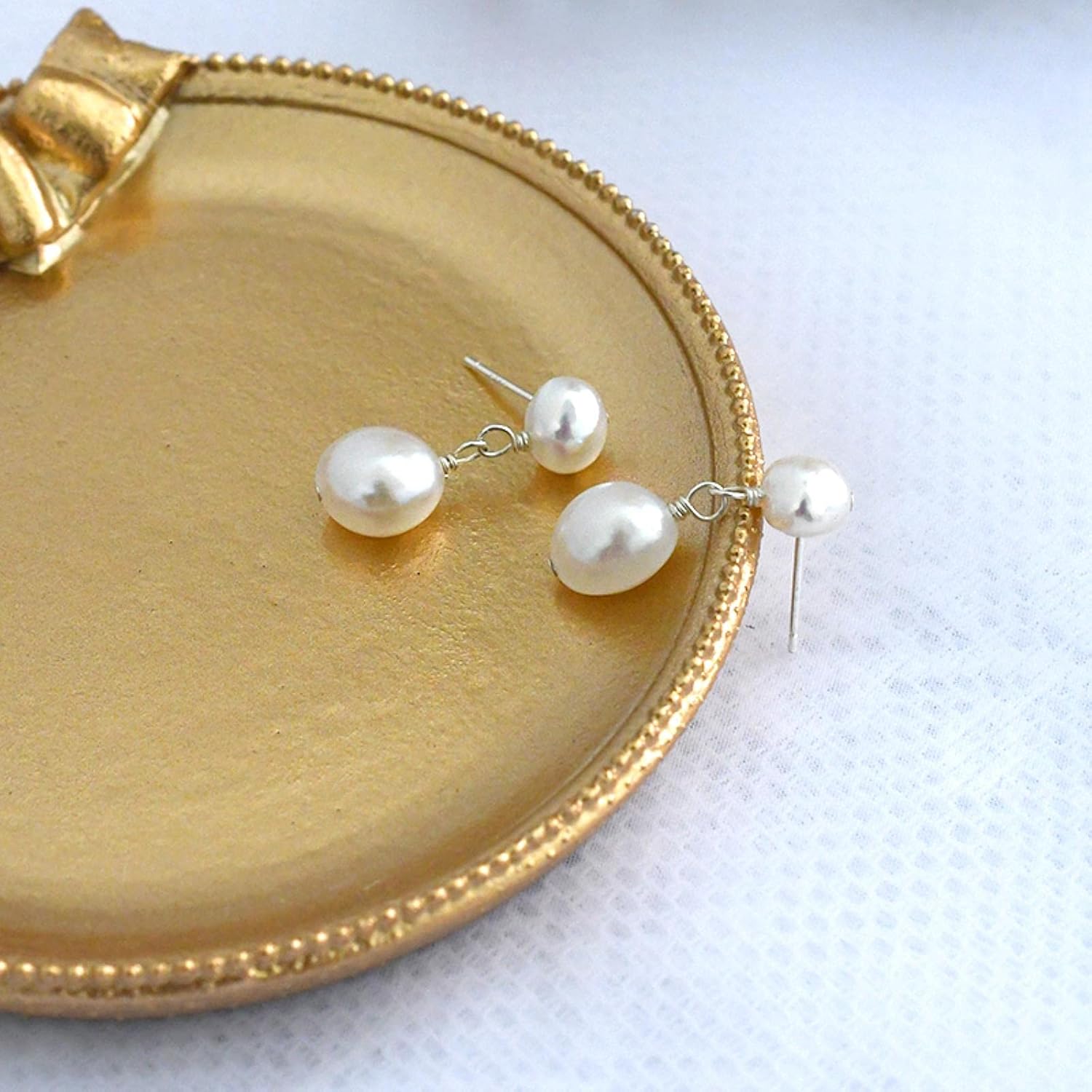 LOKILOKI 8-9mm White Baroque Double Pearl Drop Earrings for Women with 925 Sterling Silver Handmade Wedding Jewelry Gift