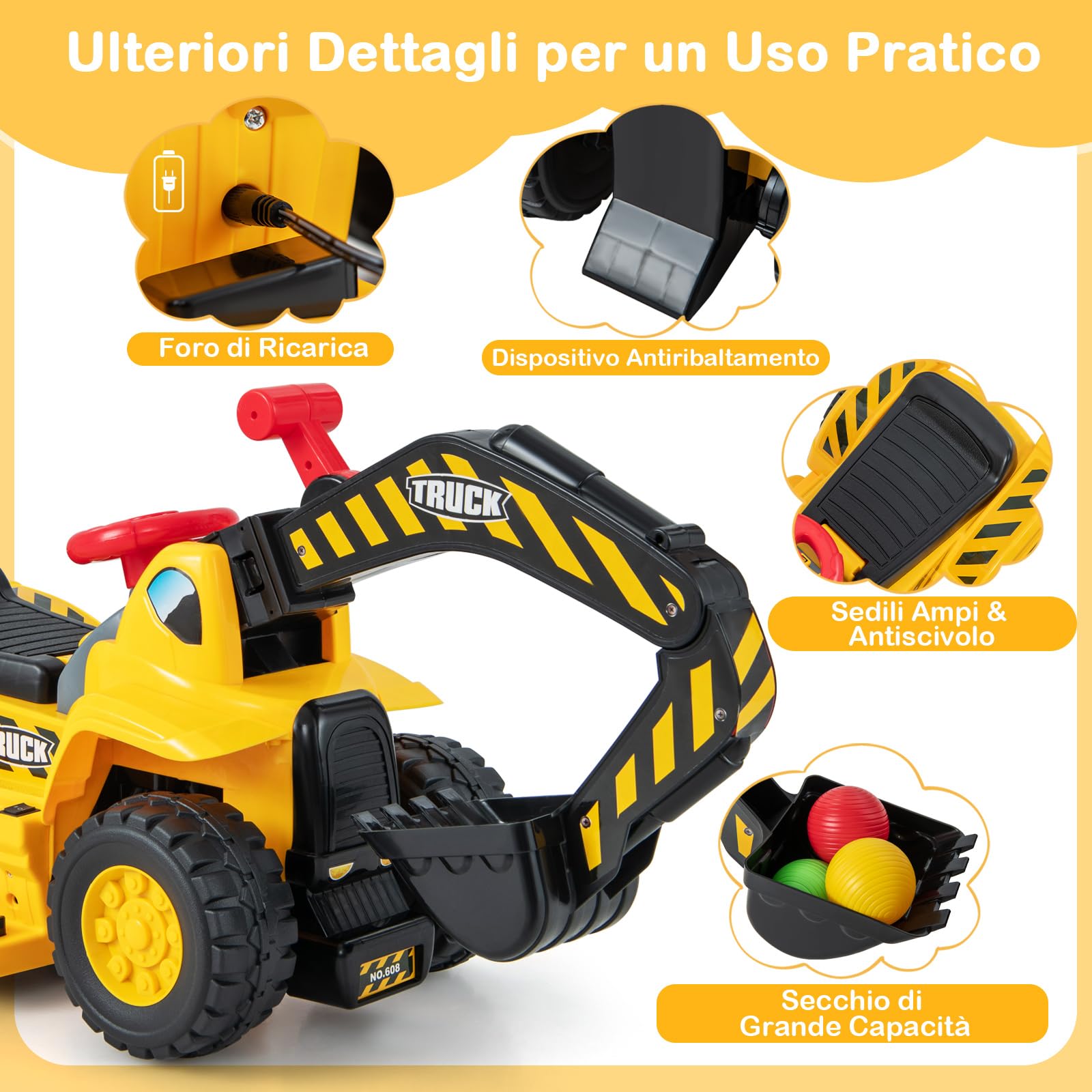 COSTWAY Escavatore Elettrico per Bambini, Ruspa con Vano Clacson ed Effetti Sonori, Canestro da Basket Pieghevole e 3 Palline, Giocattolo per Scavare per Bambini 2 Anni +