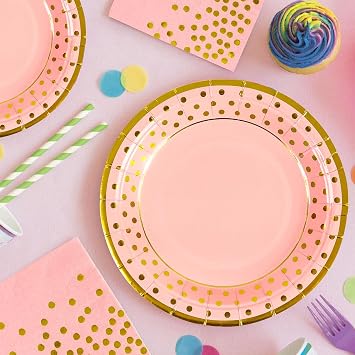 50 Pack Paper Plates & Napkins - 25 * 7inch Dessert Plates & 25 * 6.5inch Napkins - Baby Showers, Wedding Party Decorations (Pink-Gold)