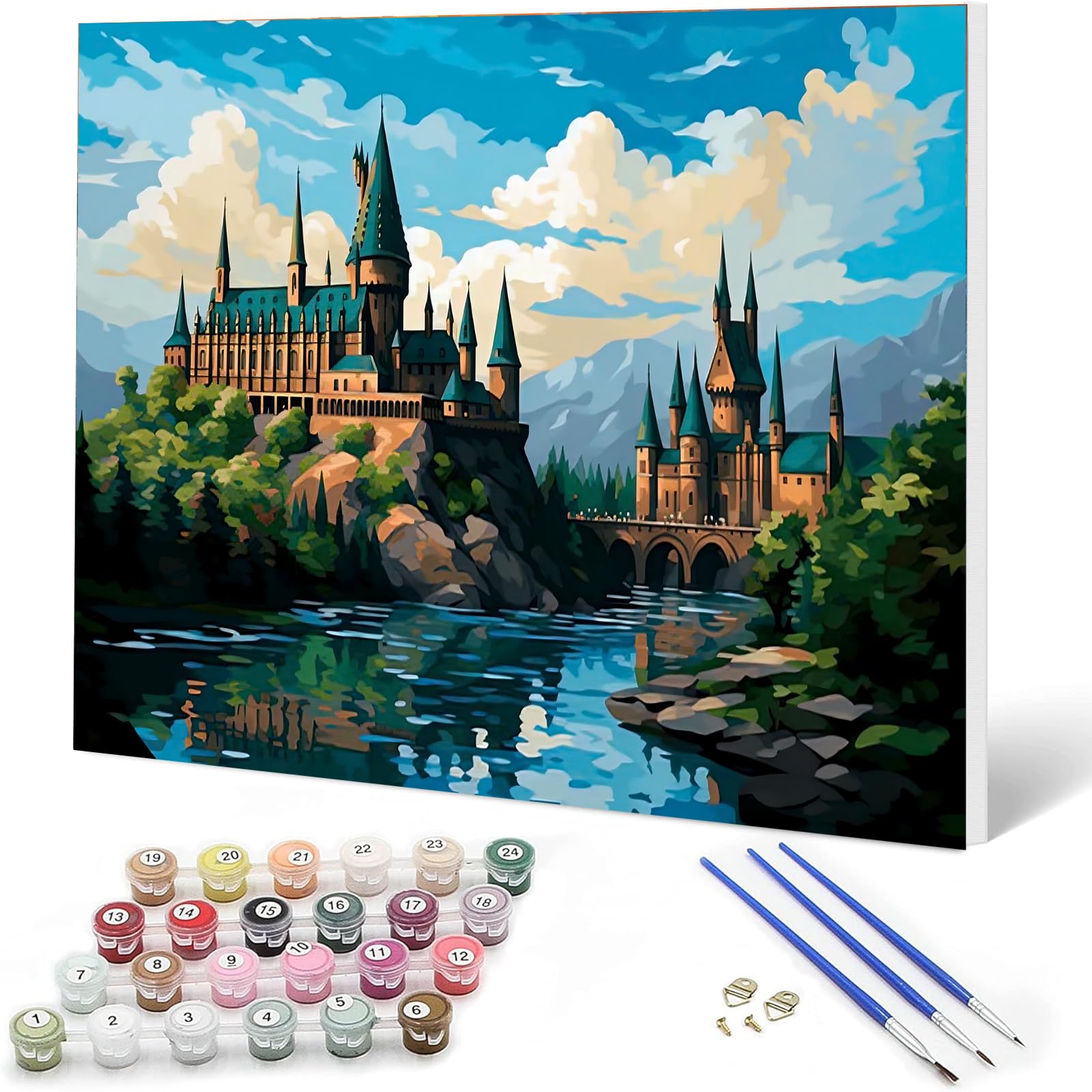 Auremi DIY Castle Paint by Numbers for Adults Kids-Landscape Canvas Oil Painting Kit for Adults,Craft Art Painting with Wooden Frame Kit Acrylic Pigment Drawing Paintwork for Gift Home 20x30cm