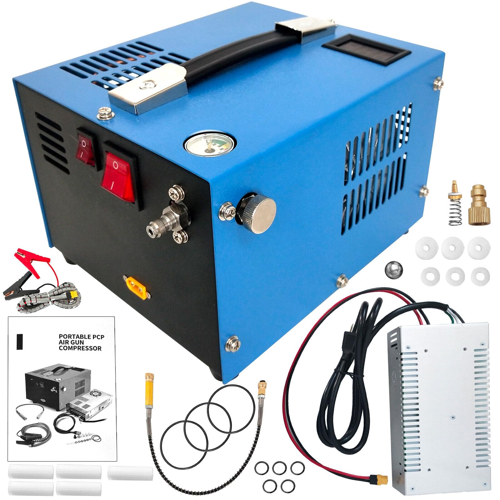 PCP Air Compressor 110V/12V, Electric PCP Air Compressor 30Mpa/4500Psi, 350W High Power Voltage Air Compressor Pump Manual Stop with Built-in Fan.