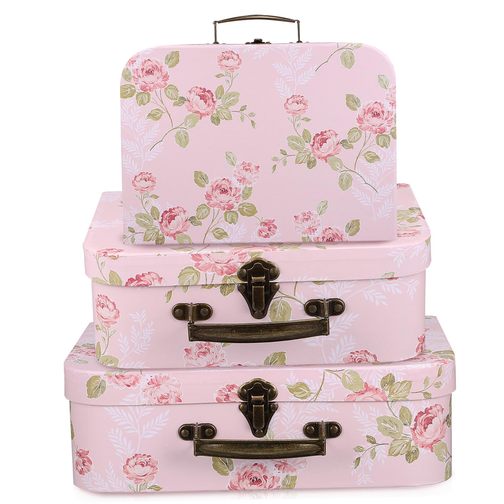 Boîtes de valisette en papier rose avec motif floral empilables pour rangement chambre