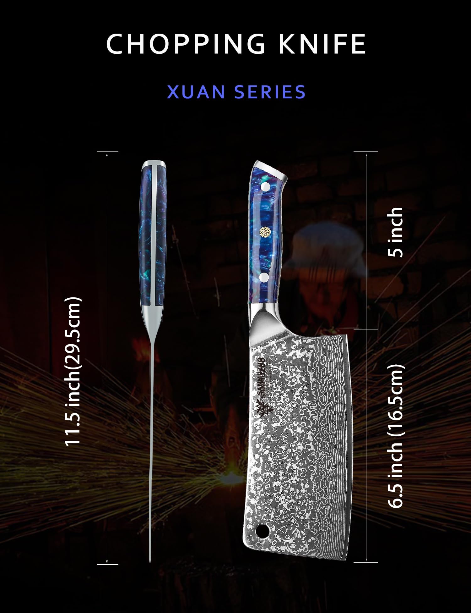 Mannaia Macellaio Cinese Coltello per Carne da Cucina Professionale 16,5 cm, Coltello da Chef Acciaio Damasco da 67 Strati- Impugnatura Ergonomica Resina - Xuan Series(Blu Zaffiro)