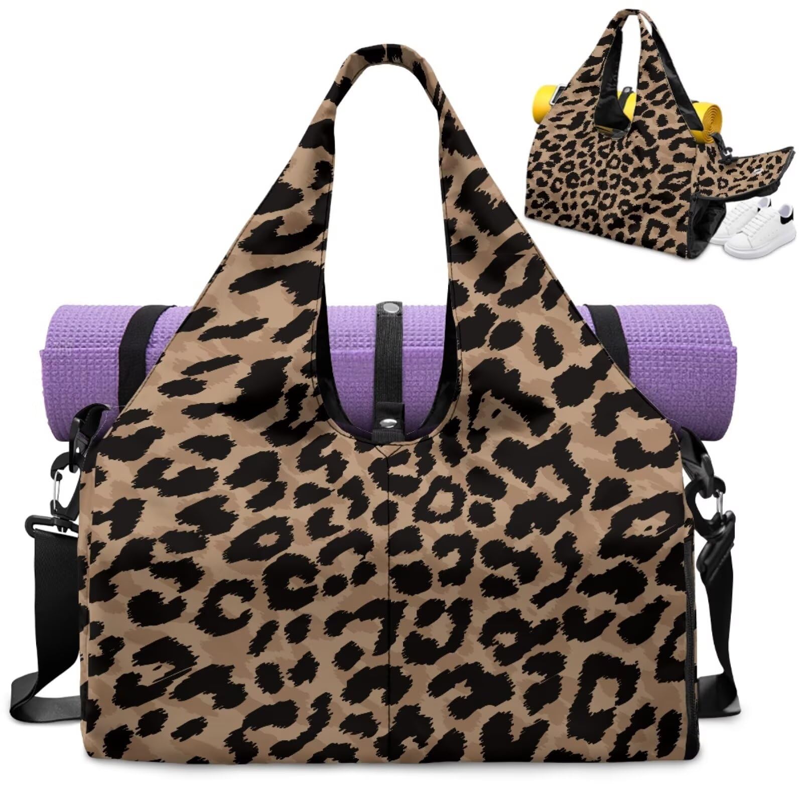 Dngkaoje Leopard Print Yoga Gym Bag for Women Yoga Bag with Shoe Compartment and Yoga Mat Holder Gymnastics Duffel Bags Large Yoga Mat Bags Suitable for Travel,Pilates and Beach
