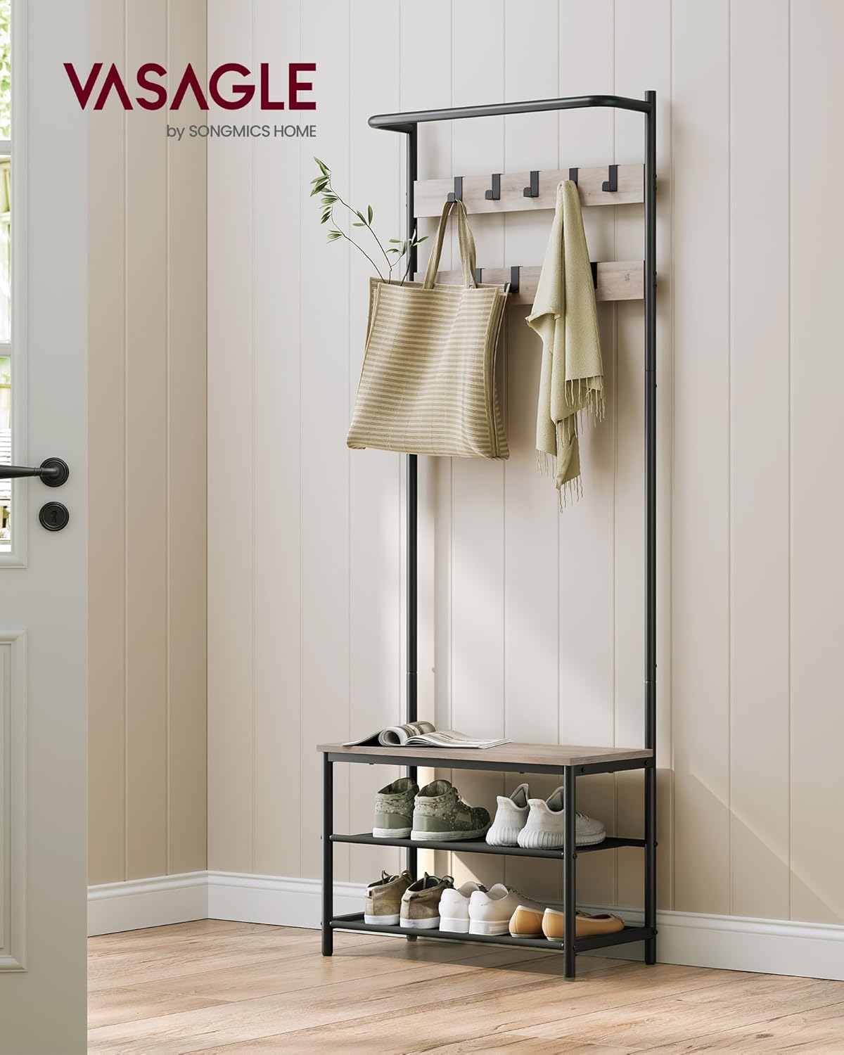 VASAGLE Hall Tree with Bench and Shoe Storage, Entryway Bench with Coat Rack Stand and Shoe Rack, 9 Movable Hooks, Top Bar, Fabric Shelves, Industrial, Greige and Black UHSR411B02