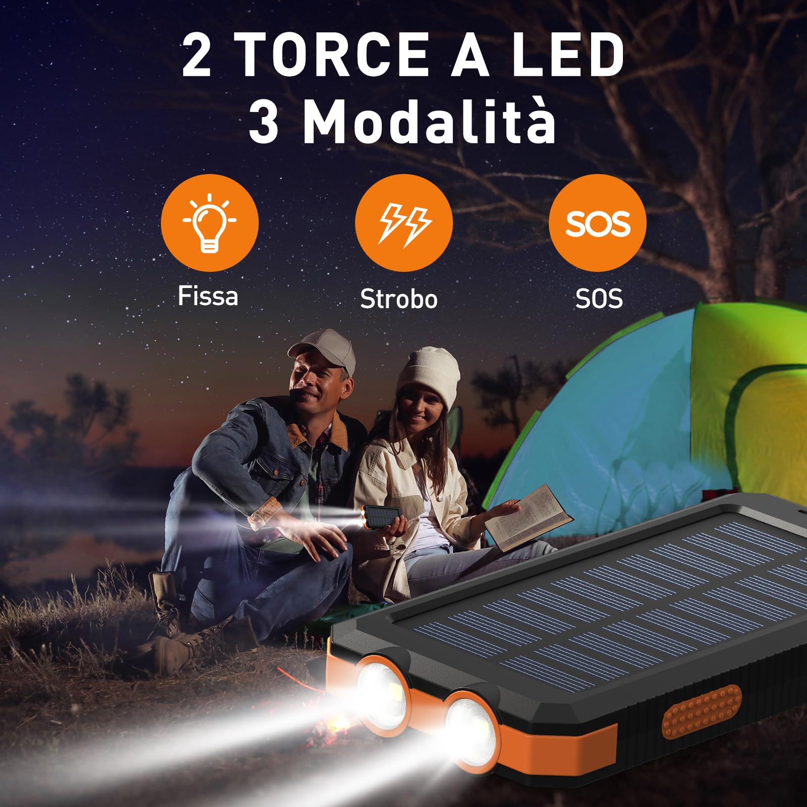 Vikeri Powerbank Solare da 9000 mAh, Power Bank Solare Impermeabile, Porta USB-C per Ricarica Rapida, con 4 uscite, per Smartphone, Tablet, ecc. (Arancione Scuro)