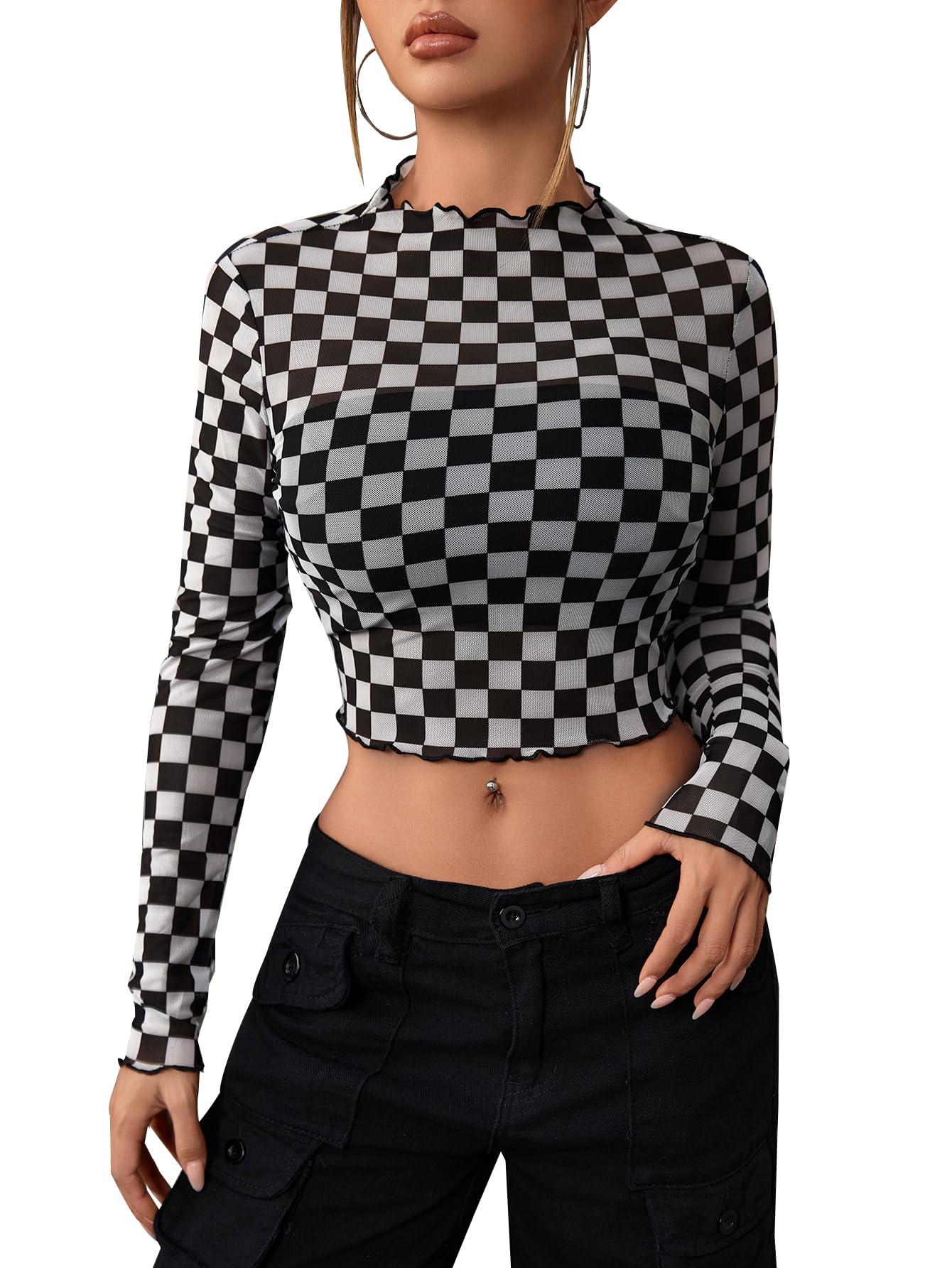 SOLY HUX Women's Plaid Sheer Mesh Tee Mock Neck Long Sleeve Lettuce Trim Crop Tops T Shirt
