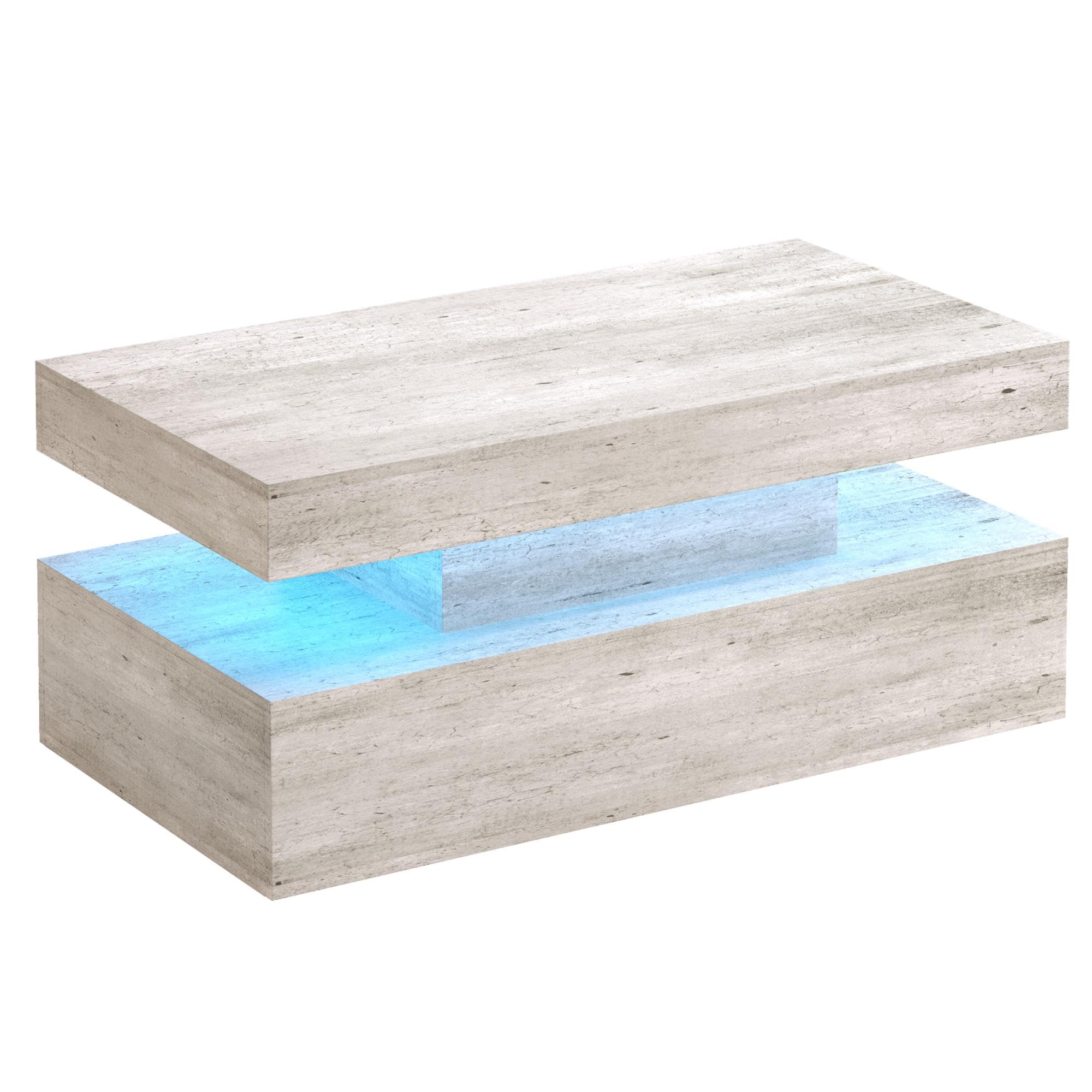 LUXOAK Couchtisch Hochglanz Grau mit LED Beleuchtung – Moderner 2-stufiger Wohnzimmertisch mit offenem Stauraum, Rechteckiger Sofatisch für Wohnzimmer