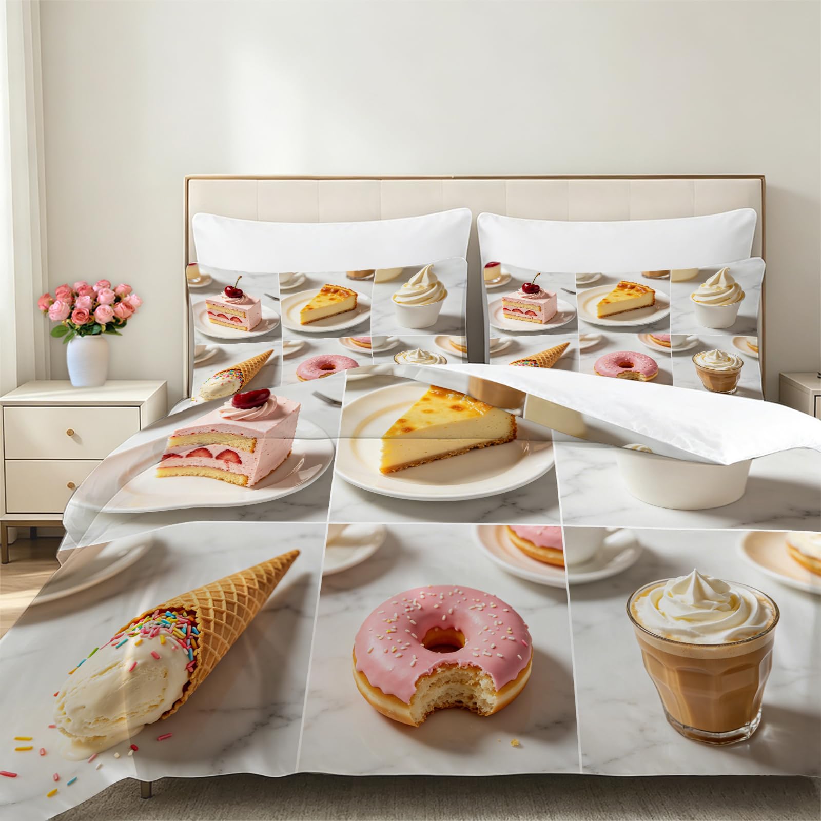Set Copripiumino Matrimoniale 260x240 Torte e Bevande Stampa 3D Copri Piumino Cibo Delizioso Piumino in Morbido Microfibra Copripiumini con Chiusura Lampo e 2 Federa 50x80 2062-M