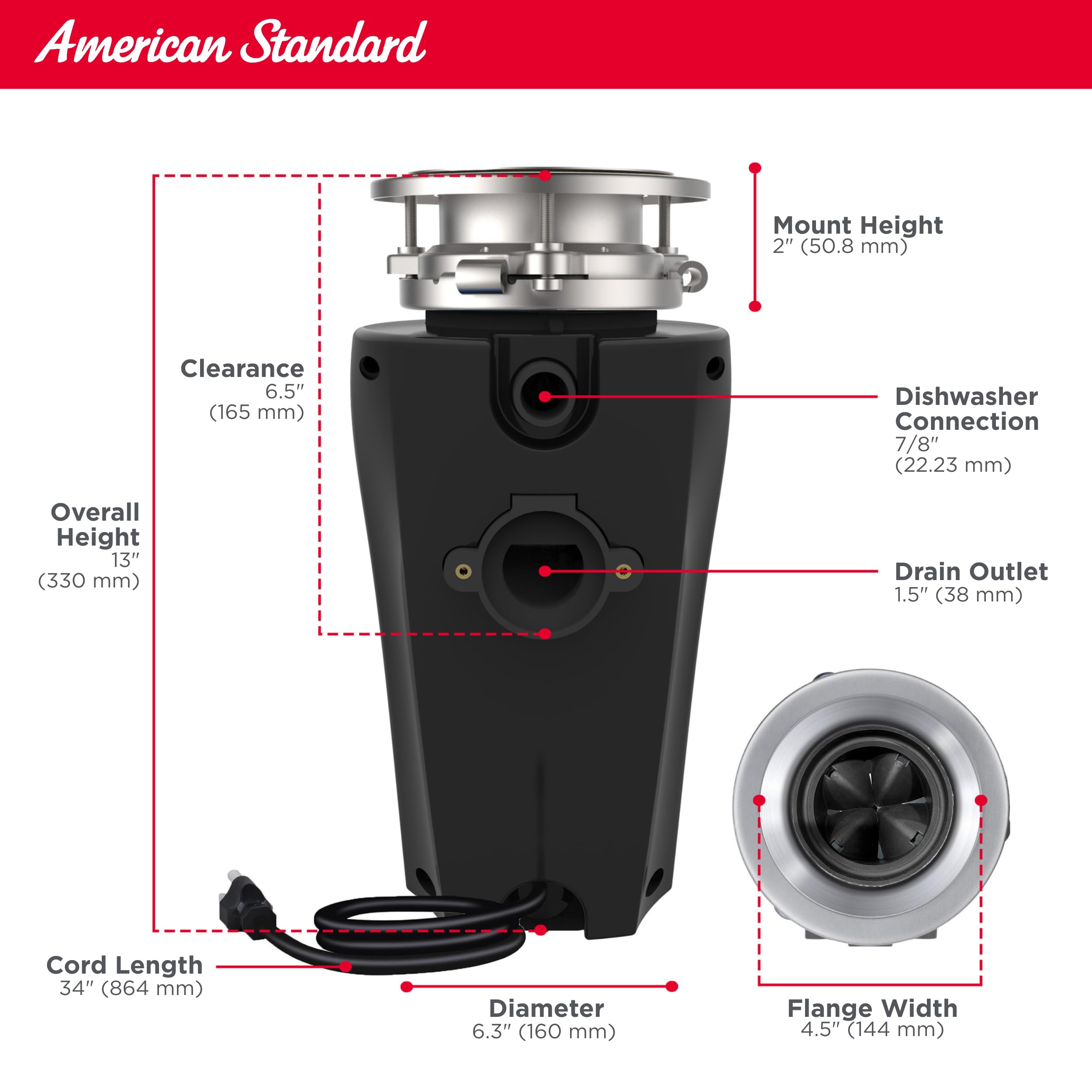 American Standard 10-US-AS-3 Sistema de molienda de residuos de alimentos de acero inoxidable antiatascos para eliminación de basura, negro