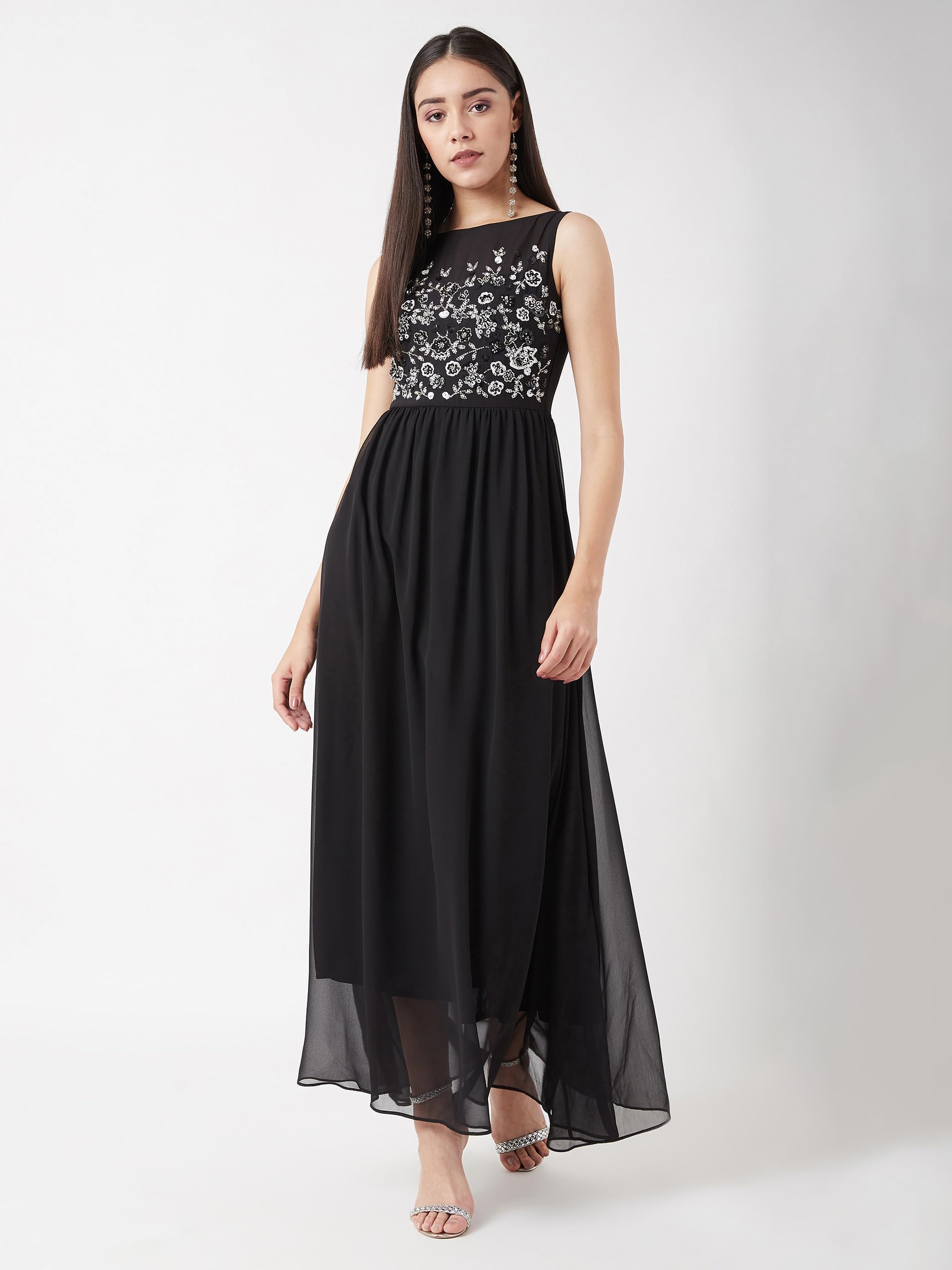 Miss Chase Women's Black Boat Neck Solid Embellished Maxi Dress(Mcaw19D08-45-62-04,Black,Medium)